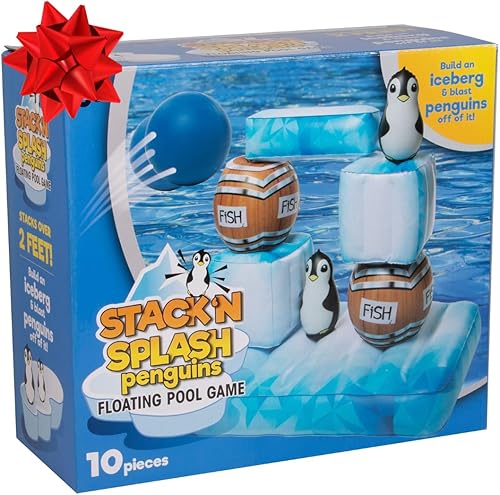 Juego de piscina flotante de pingüinos Stack 'n Splash - Build It, Hit It, Knock It Down! El juego de 10 piezas incluye 2 bolas, pilas de más de 2