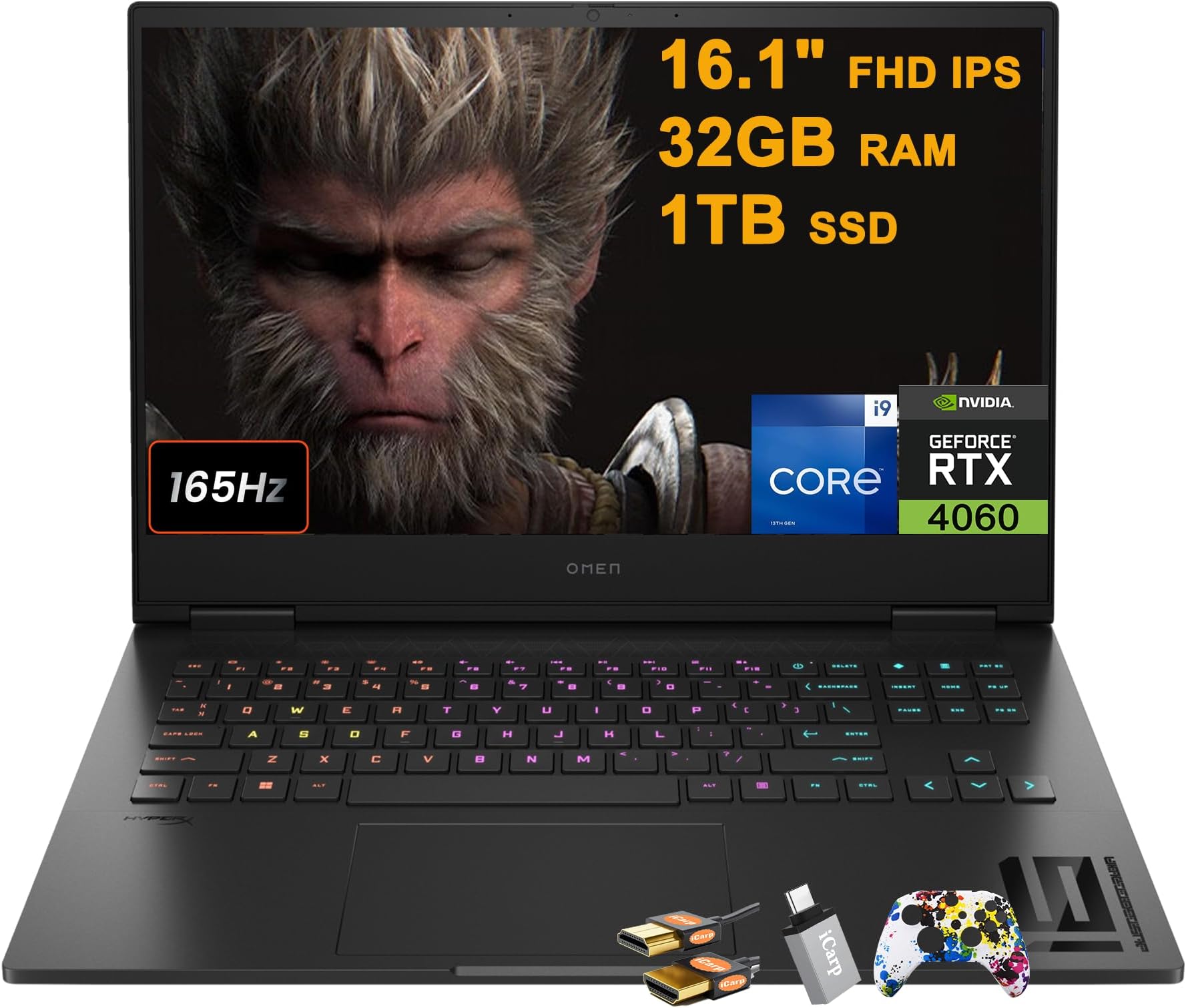 HP Omen 16 Gaming Laptop 16.1" FHD 165Hz (sRGB 100%, G-SYNC) Intel 24-core i9-13900HX 32GB RAM 1TB SSD GeForce RTX 4060 8GB RGB Backlit Thunderbolt FHD Privacy Camera Fast Charge Win11 w/ICP Accessory