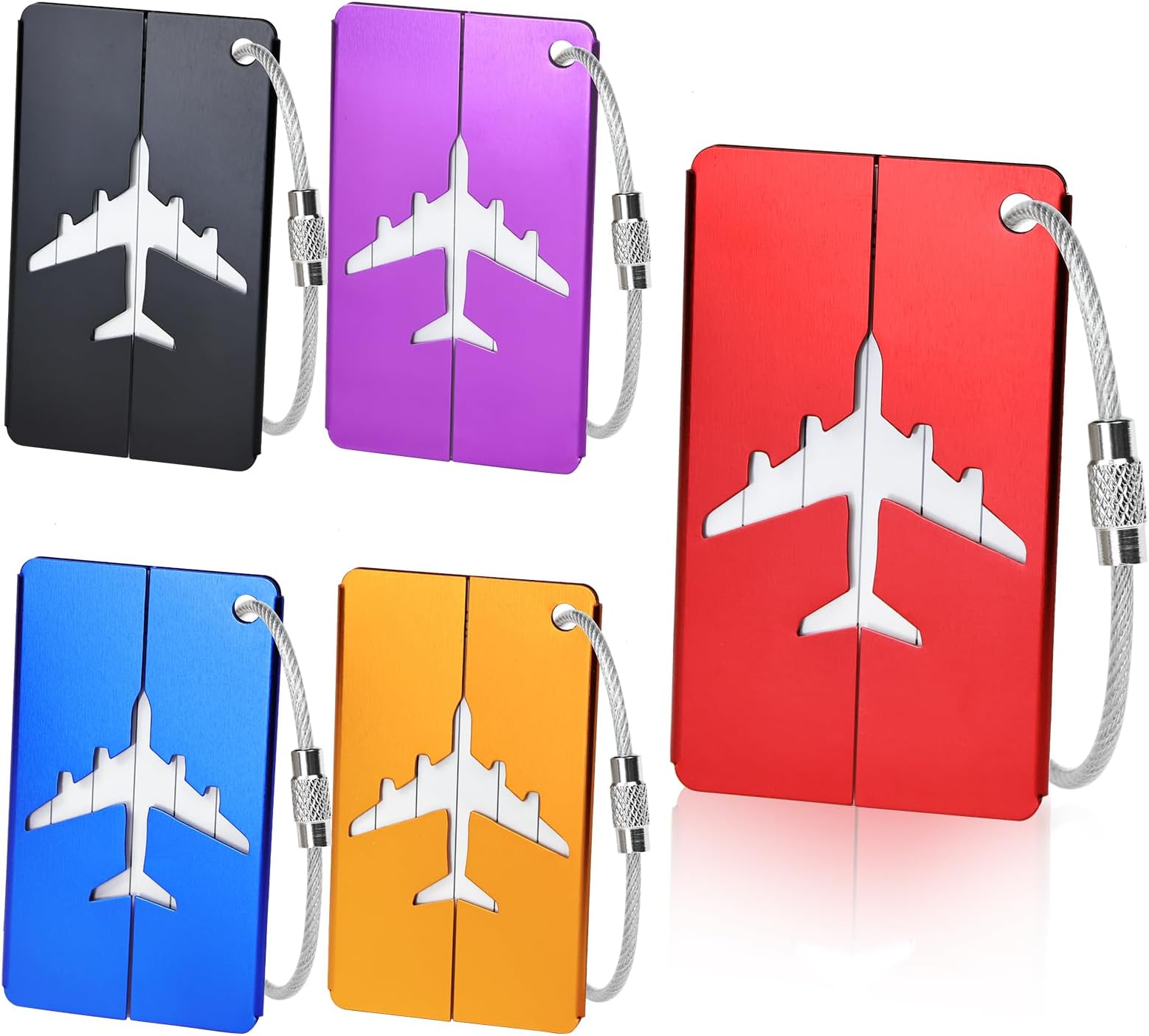 5 Pcs Luggage Tags, Aluminium Suitcase Tags with Steel Loop and Waterproof Name ID Card for Travel Bag, Checked Luggage, Suitcases, Laptop Bags, Backpacks (7.5 x 4.5 cm, 5 Colours)
