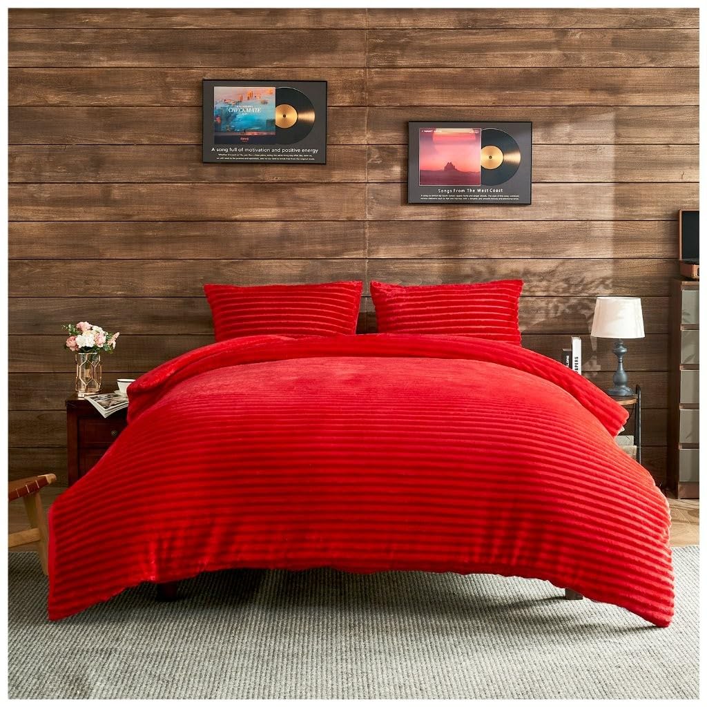 David & Amaya Teddy Fleece Duvet Cover Set – Chunky Ribbed Super Soft Warm Cosy Bedding with Pillowcases – Easy Care, Durable, Snuggly Polyester Quilt Set (Red, Single)