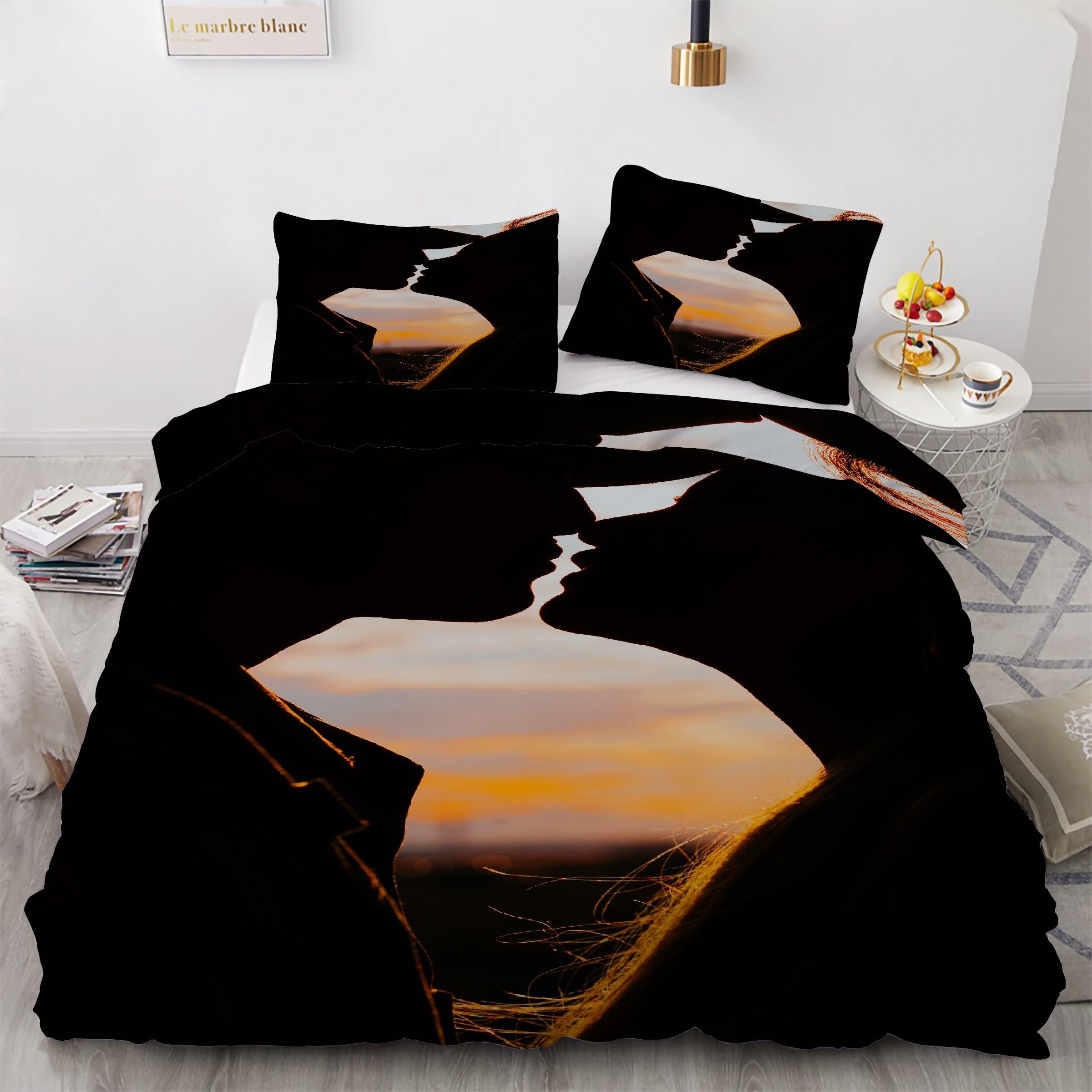 Parure de lit couple 240x260 cm avec housse de couette baiser et 2 taies d'oreiller microfibre