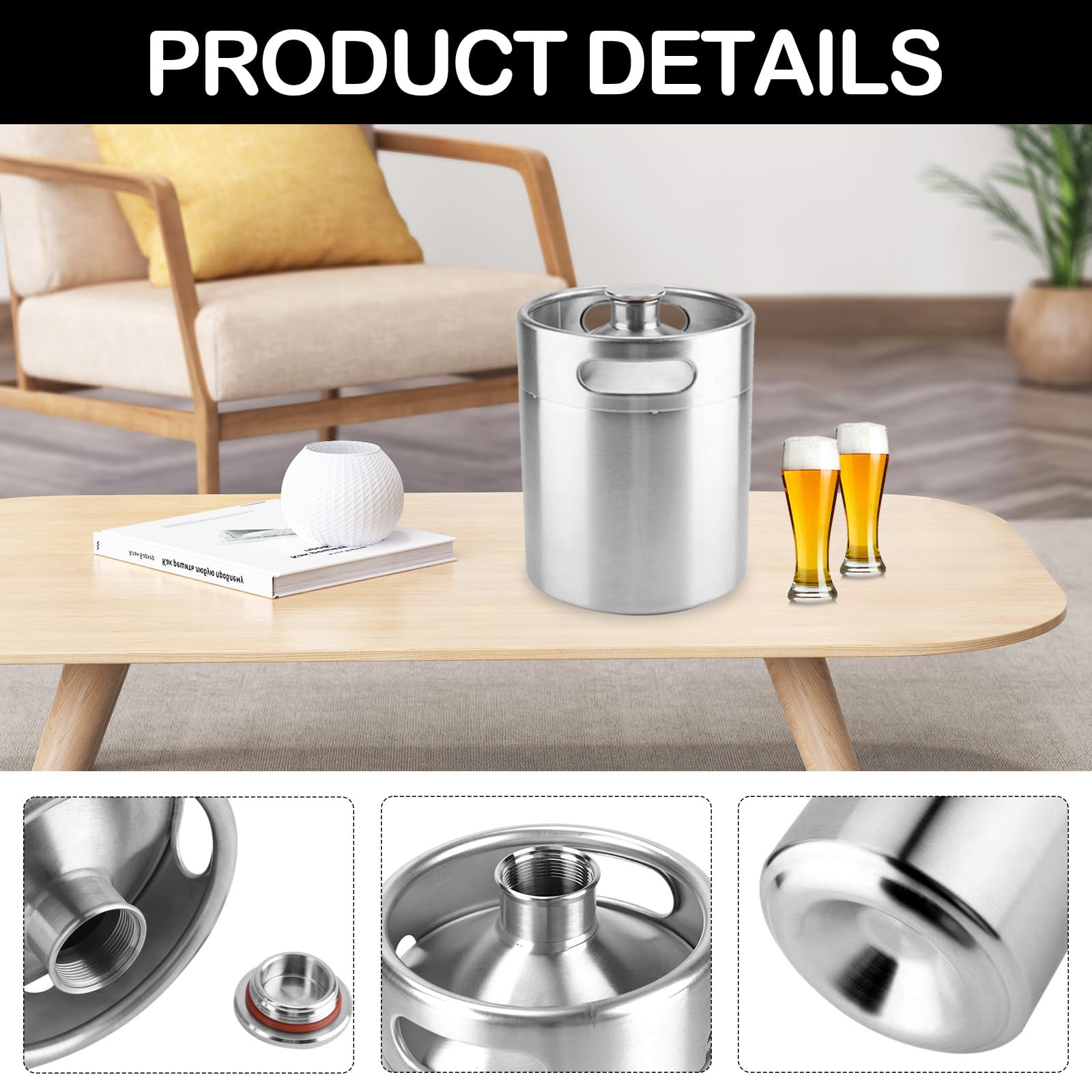 Barril de Cerveza de 5 Litros, Mini Barril Growler de Acero Inoxidable 304 Barril de Cerveza Portátil con Tapa En Espiral Hexagonal Para Elaboración Casera Elaboración Artesanal Y Cerveza de Barril