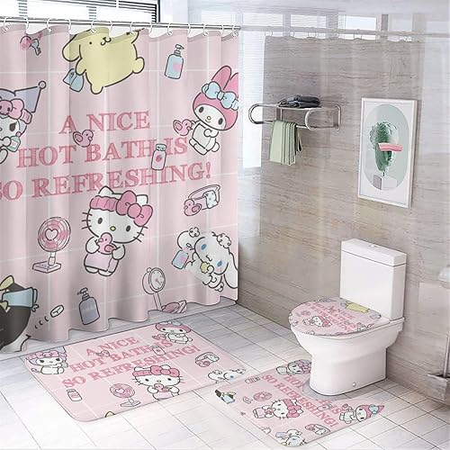 Juego de 4 cortinas de ducha de dibujos animados lindos con alfombras antideslizantes, cubierta para tapa de inodoro y tapete de baño, juego de baño