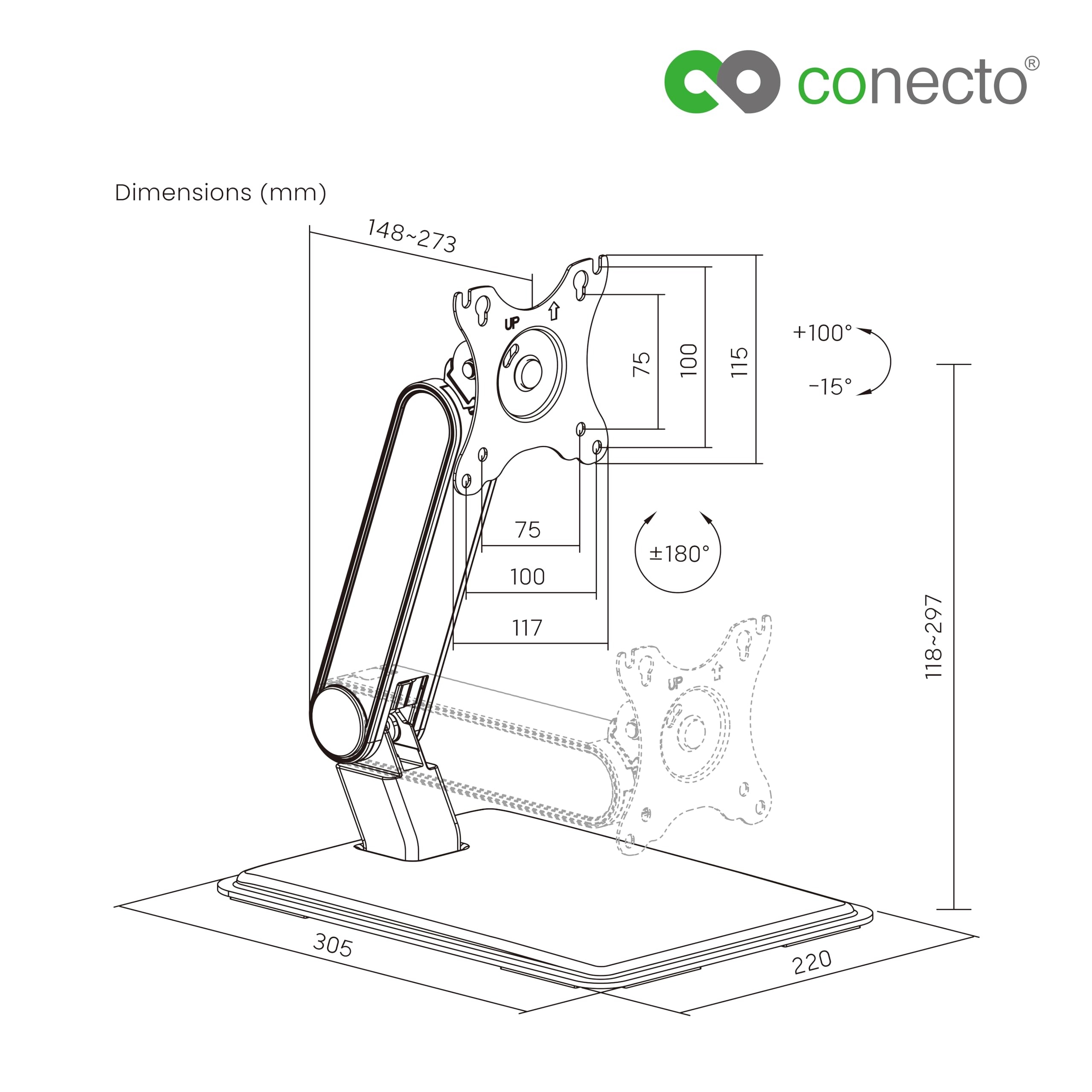 Conecto Soporte de Monitor, para Pantalla táctil, VESA 75 y 100, 17-32 Pulgadas, hasta 8 Pantallas KG, Giratorio 360°, inclinable, Ajustable en Altura, Negro