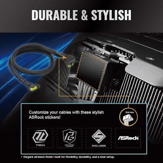 ASRock 12V-2x6 600W Power Cable | ATX 3.1 & PCIe 5.1 Compliant | L-Shaped GPU Connector | 16AWG HCS Terminals | for 750W+ ASRock Taichi/Phantom Gaming PSUs