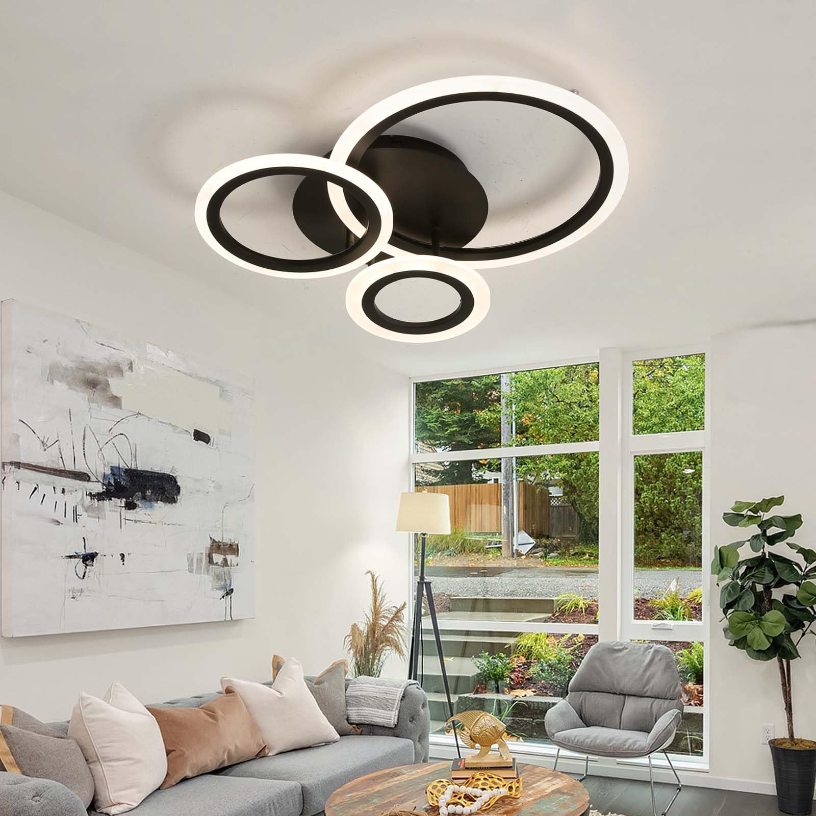Caufloce Ceiling Lights Living Room, Flush LED Bedroom Light Fittings Ceilings Remote Control Lounge Modern Lighting Ceiling Dimmable Round APP Indoor Φ55cm Ceiling Lamp for Dining Room-Black||A