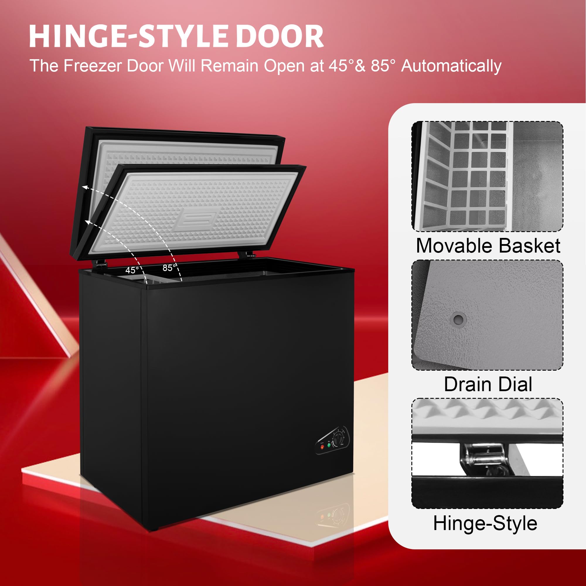 Rosmena Chest Freezer 5.0 Cu Ft, Mini Deep Freezer With Removable Basket, Freestanding Compact Small Freezer, Adjustable 6 Thermostat, Quiet Small Deep Freezer Top Open Door For Dorm/Home(Black) on Fridge.com - View 4