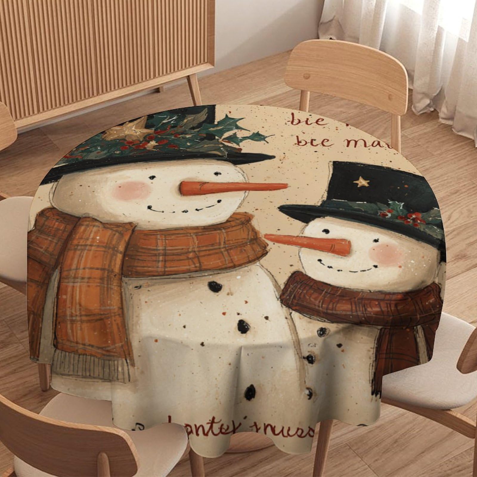 LUYYSKY Beautiful Cute Snowman Round Tablecloth Modern Watercolor Christmas Winter Snowman Pine Green Leaf Washable Decor for Table Cover for Kitchen-177.8" Wx177.8 L cm