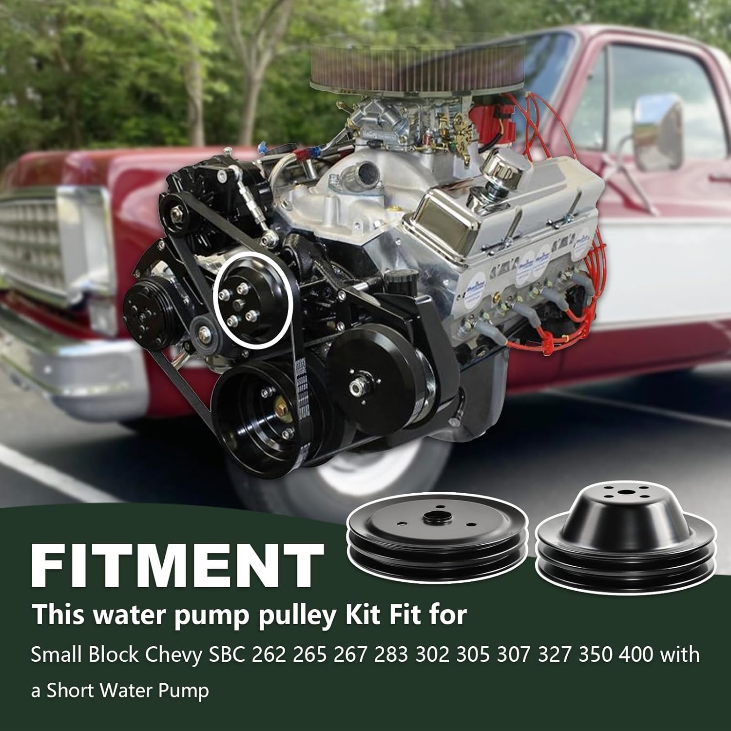 SSN Steel Small Block Chevy 2 Groove Short Water Pump & 2 Groove Crankshaft Pulley SWP for SBC 262 265 267 283 302 305 307 327 350 400