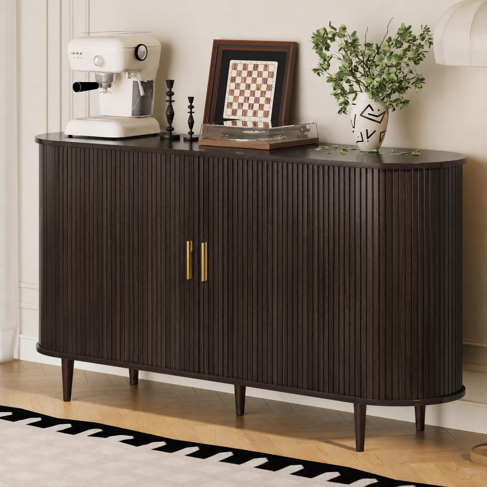 DHH Sideboard Buffet Cabinet with Storage,Mid Century Modern Fluted Accent Coffee Bar Console Table,Tambour Sliding Doors&amp; Adjustable Shelf for Kitchen, Living Room, Entryway(Dark Walnut,55 Inch)
