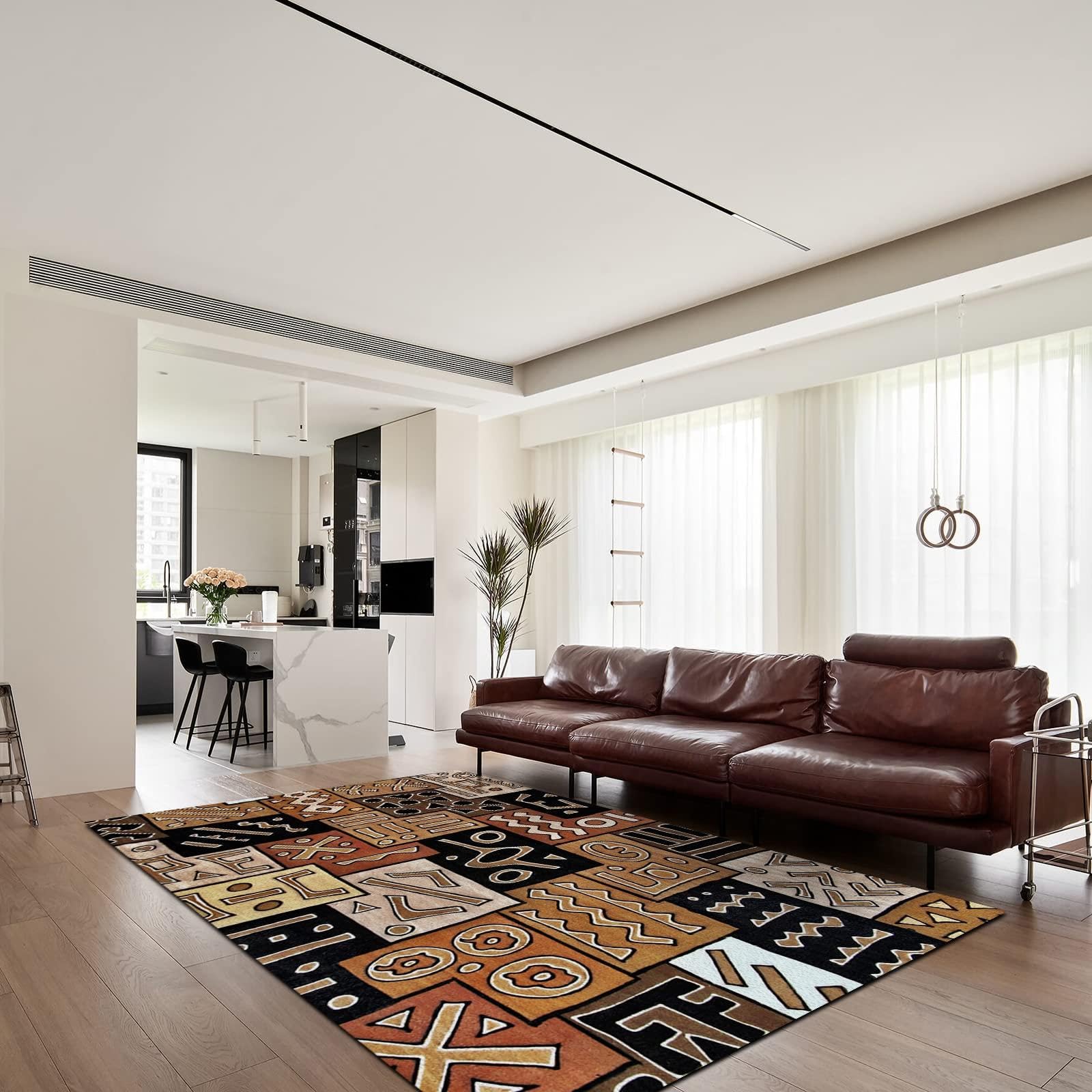 Tapis Salon à Poil Court Tapis Style Ethnique Rétro Africain, Tapis Art Géométrique Abstrait Déco Tapis Chambre Doux Antidérapant Lavable Tapis pour Salle à Manger, Ferme, Cuisine 200x300cm