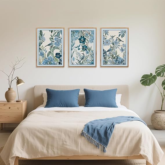 ANHUIB Vintage Blue Birds and Botanical Framed Wall Art Set Classic Chinoiserie Audubon Bird Canvas Artwork Abstract Watercolor Flowers Floral Framed Print for Bedroom Living Room Office Home 30×40cm
