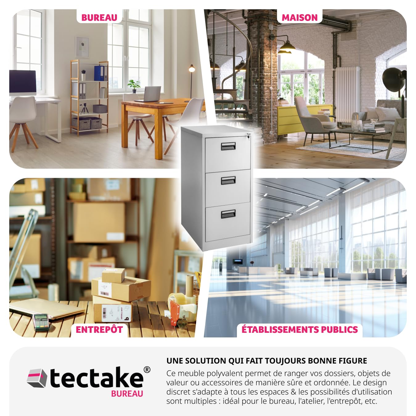 tectake® Armoire de Rangement Meuble tiroir Metallique 3 Tiroirs pour Rangement Dossier, Caisson Bureau pour Dossiers Suspendus au Format DIN 4, Porte Document Bureau 62,4 x 46 x 102,8 cm - Gris