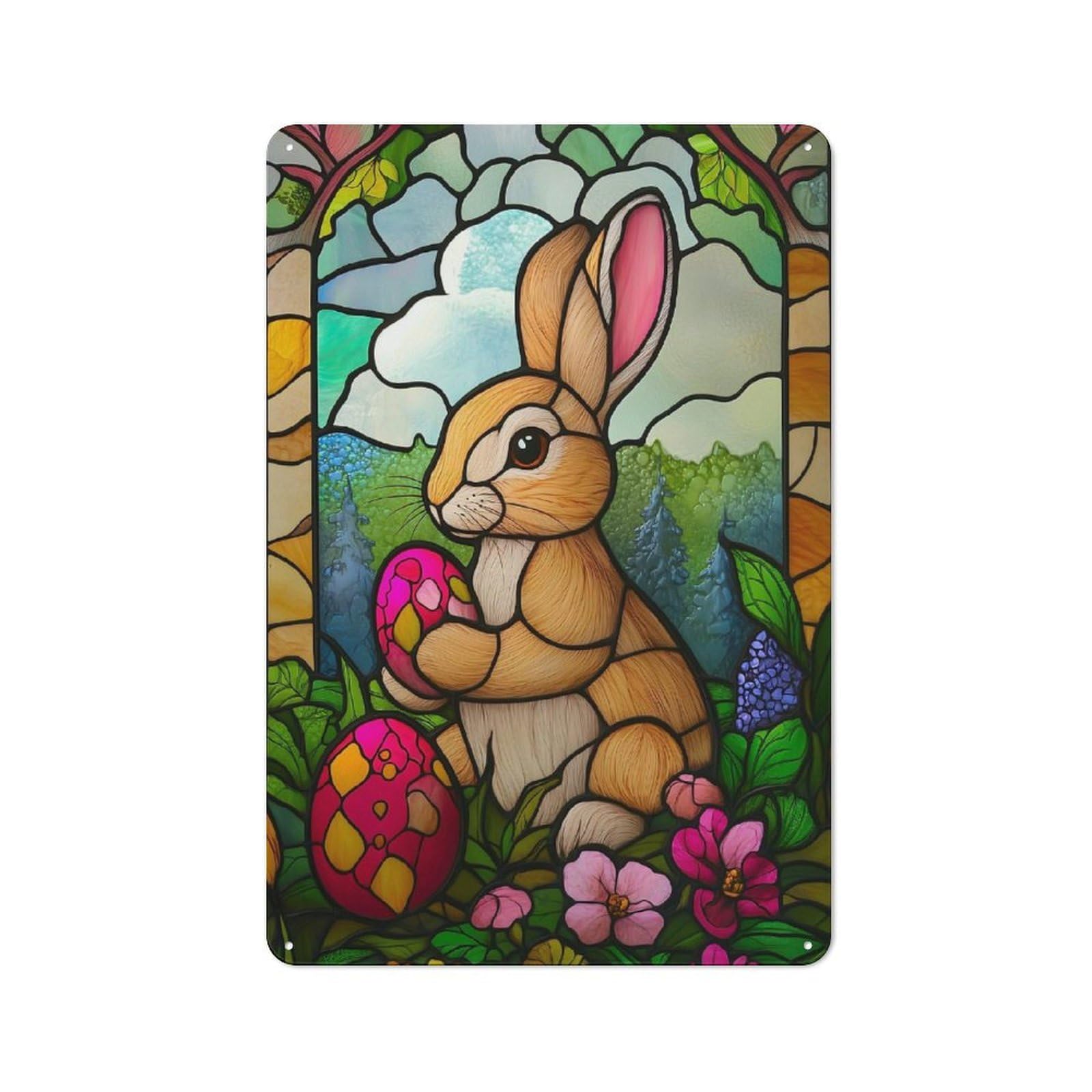 Junmoney Stained Glass Easter Bunny Retro Metal Sign 30X20cm For Garden Room Or Summerhouse, A Decorative Christmas Gift For Summerhouse Decorators