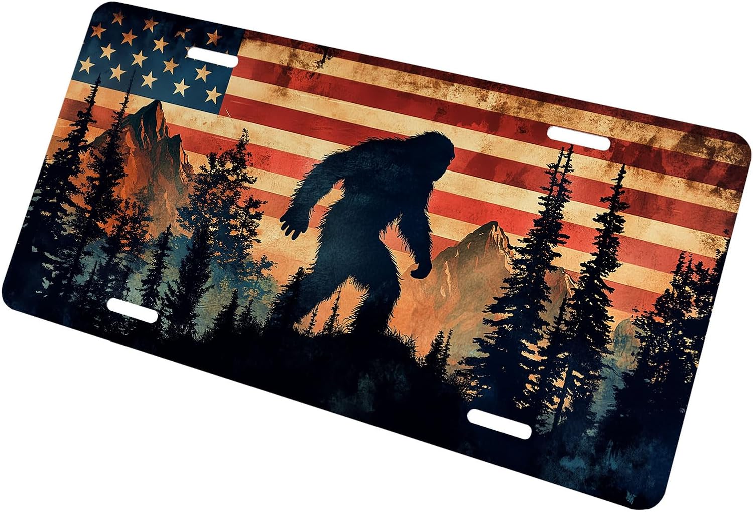Bigfoot Mountain Front License Plate for Women American Flag Car Vanity Plates Decorative Aluminum Metal Cute Novelty License Plate for Men 6x12 Inch (4 Holes)