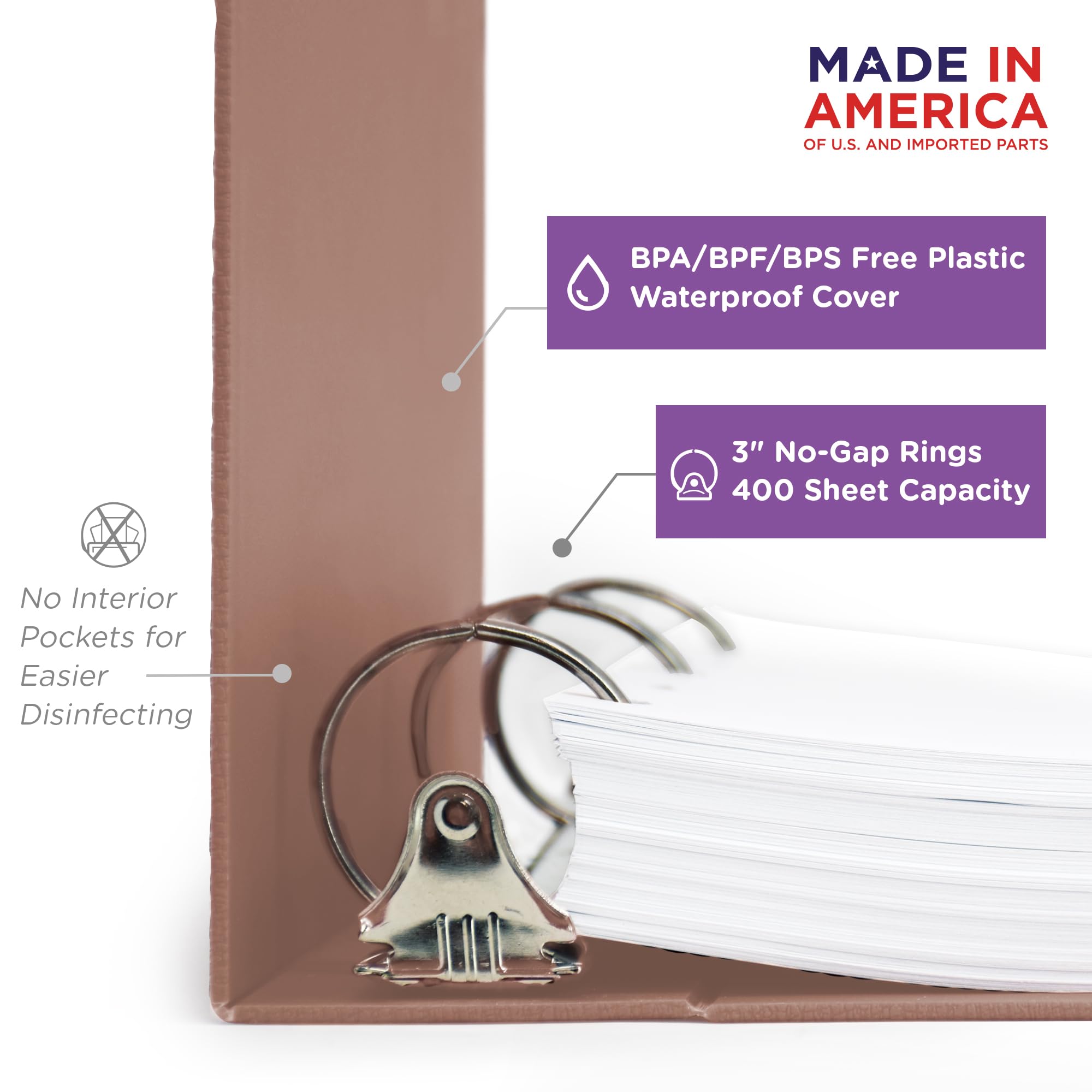 Carstens Raccoglitore a 3 anelli resistente da 7,6 cm, apertura laterale, rosa polveroso, plastica resistente, anelli di precisione senza spazi vuoti, copertura impermeabile, senza tasche, contiene