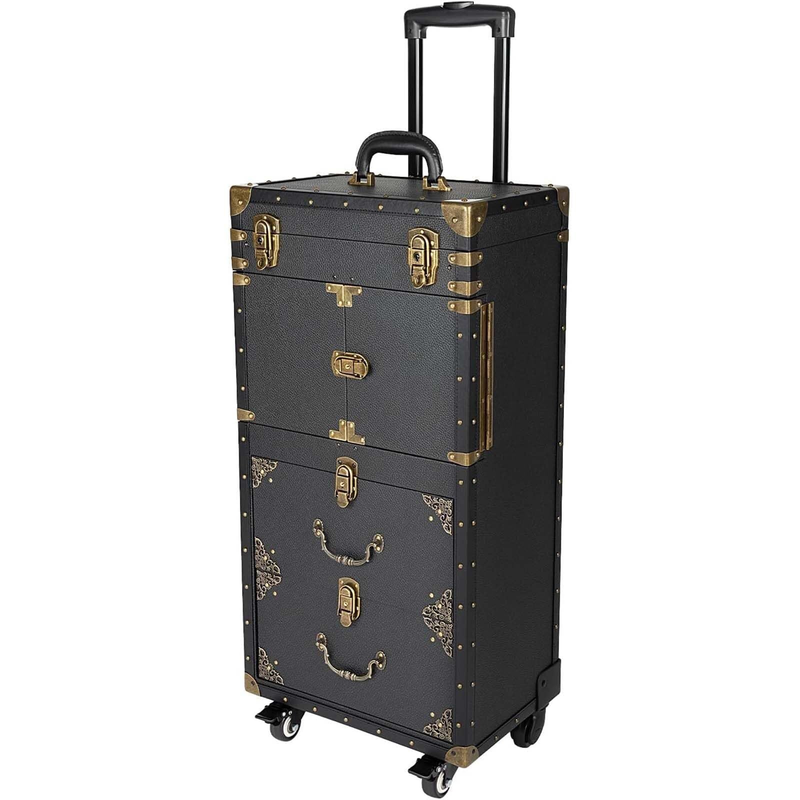 Rolling Lockable Makeup Train Case, Travel Organizer Tool Box with Hair Dryer Holder, Trolley Cosmetic Organizer for Hair Stylist Salon