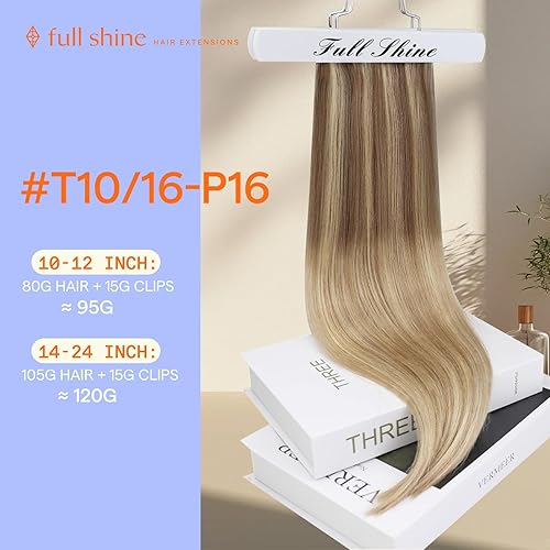 Miniatura 2 de Full Shine - Extensiones de clip de cabello humano, doble capa - Balayage castaño dorado 10 que se desvanece a 16 y rubio dorado, 7 piezas, 18