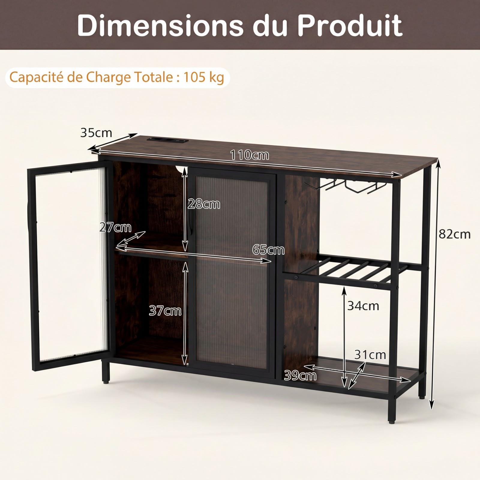 COSTWAY Meuble Bar à Vin avec Multiprise & Lumières LED, Buffet Cuisine Éclairage avec Casier à Vin et Porte-Verres, Style Industriel, pour Cuisine, Salon, Salle à Manger