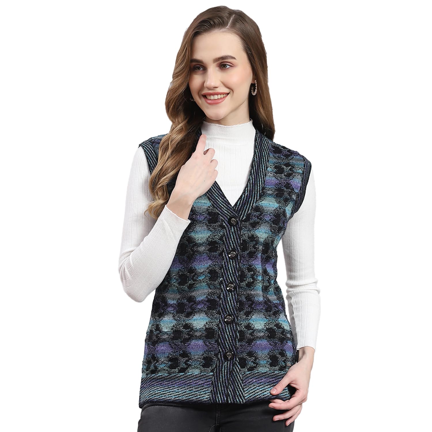 monte carlo Womens Self Design V Neck Sleeveless Wool Blend Casual Sweater (1239621SL)-picture-41