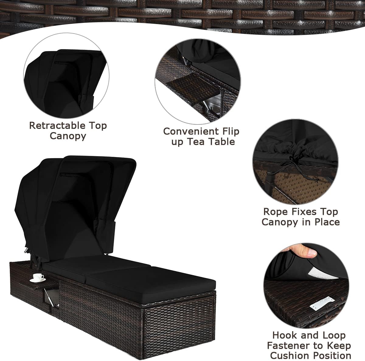 HAPPYGRILL Patio Lounge with Retractable Canopy Outdoor Reclining Chair with Adjustable Backrest Rattan Wicker Lounge Daybed with Coffee Table Sun Lounger for Beach Poolside Backyard Balcony Porch