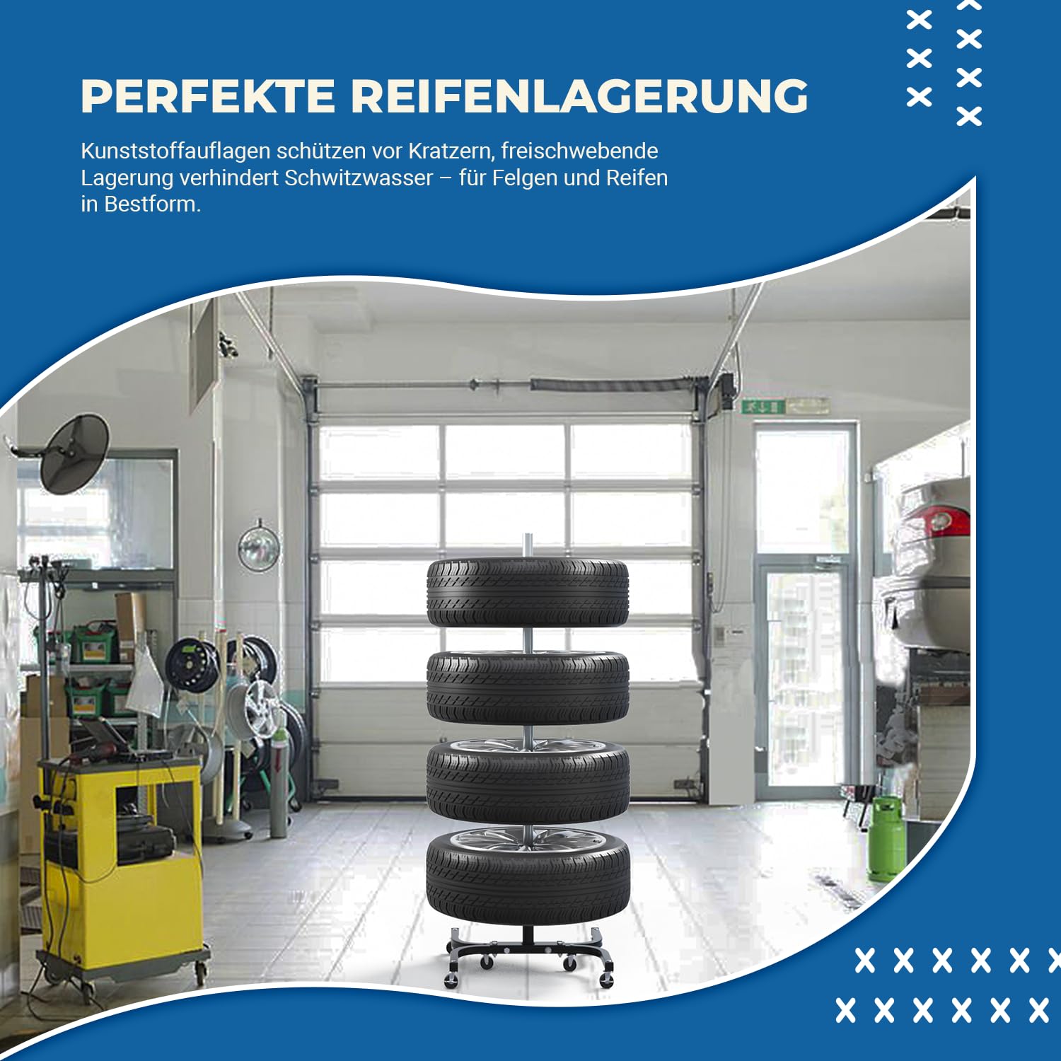 Felgenbaum XL fahrbar für Autoreifen bis 295mm – Reifenständer belastbar bis 150kg inkl. Reifen Markierer – Reifenbaum mit Rollen & Feststeller – Felgenständer für 4 Reifen/Felgen 16-24 Zoll