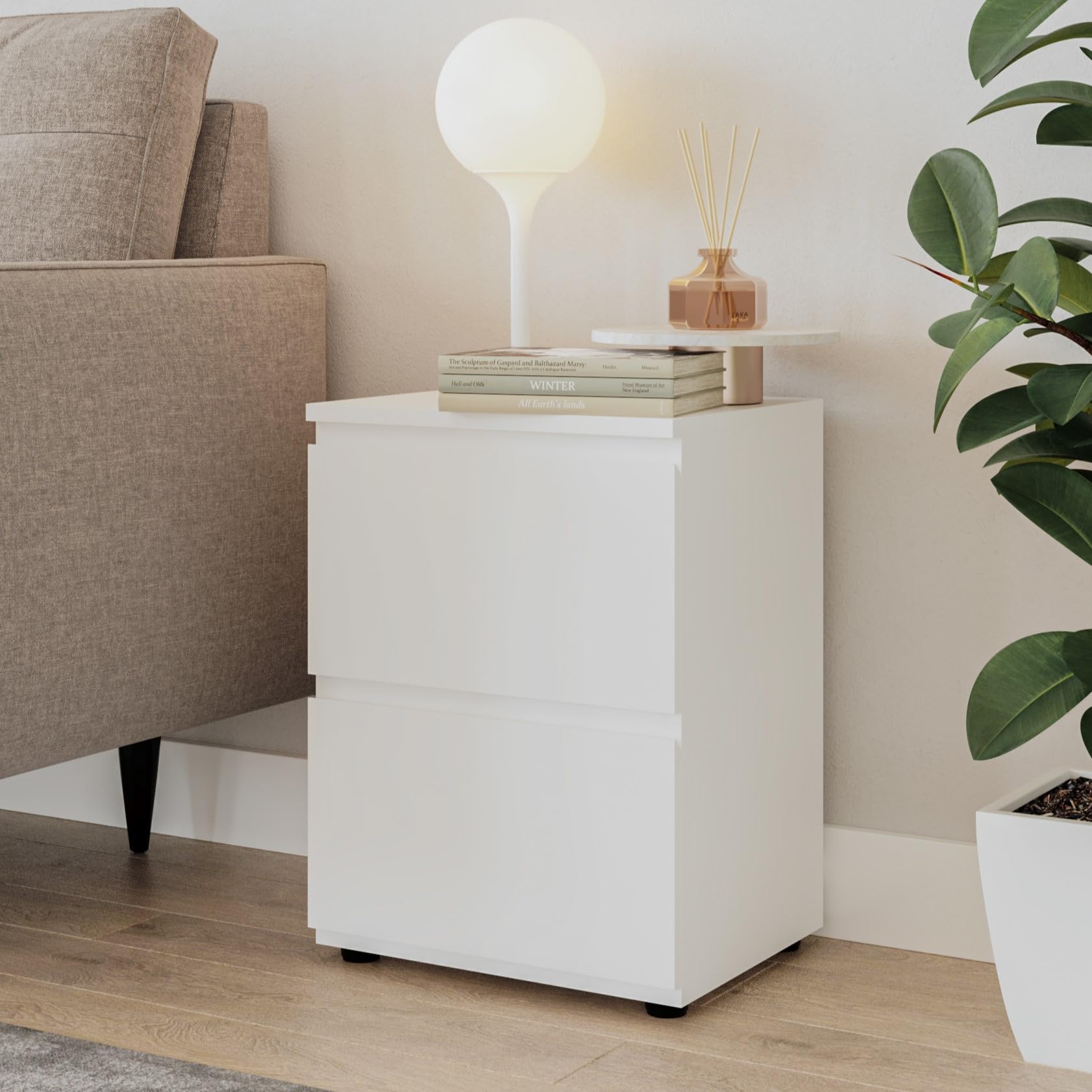 URBNLIVING 2 Drawer Wooden Bedroom Bedside Cabinet No Handle Storage Nightstand Side Table, White Carcass, 2 Drawers - Image 2