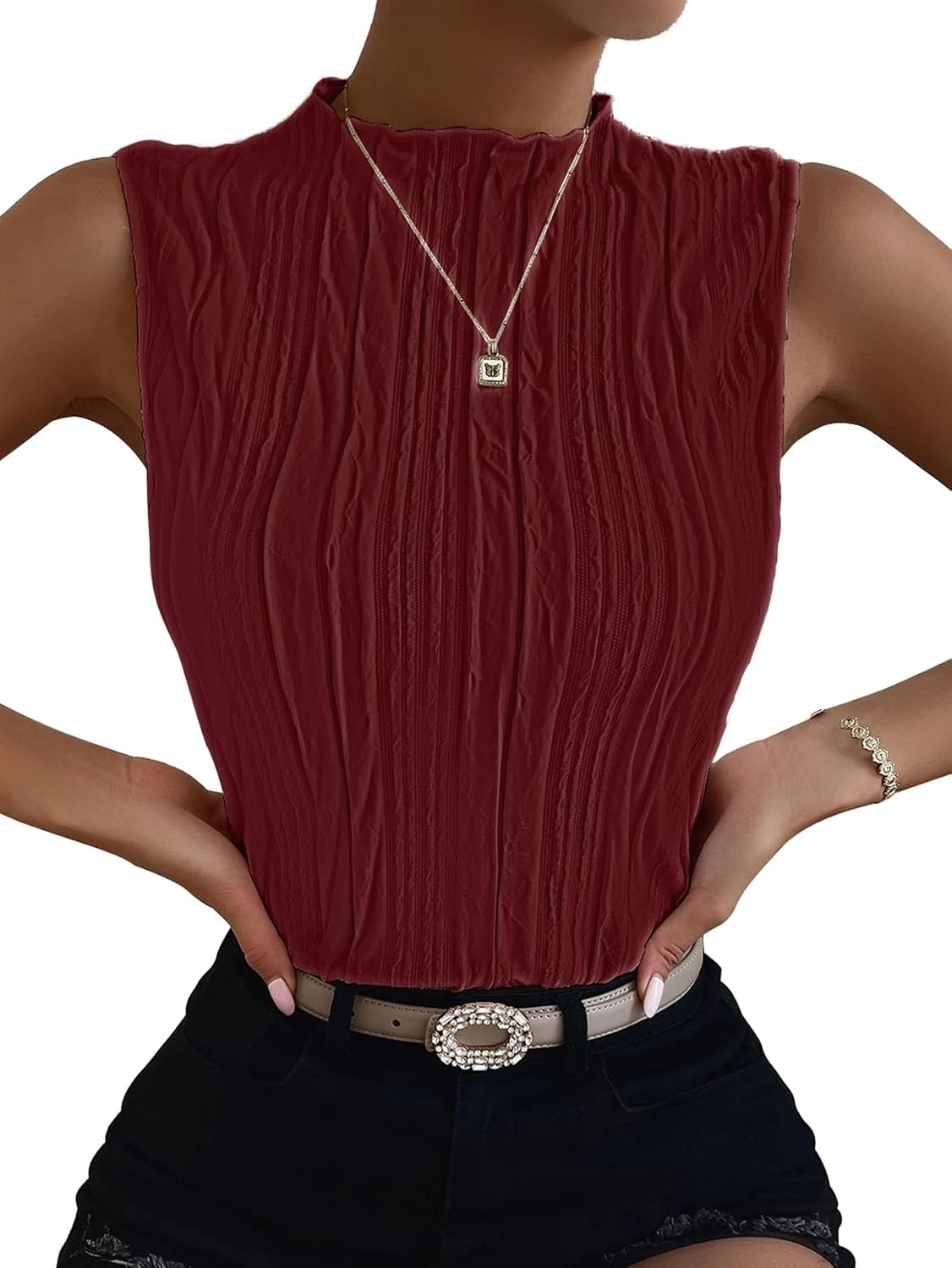 Verdusa Women's Sleeveless Mock Neck Textured Tank Top Corporate Business Office Outfits Trendy