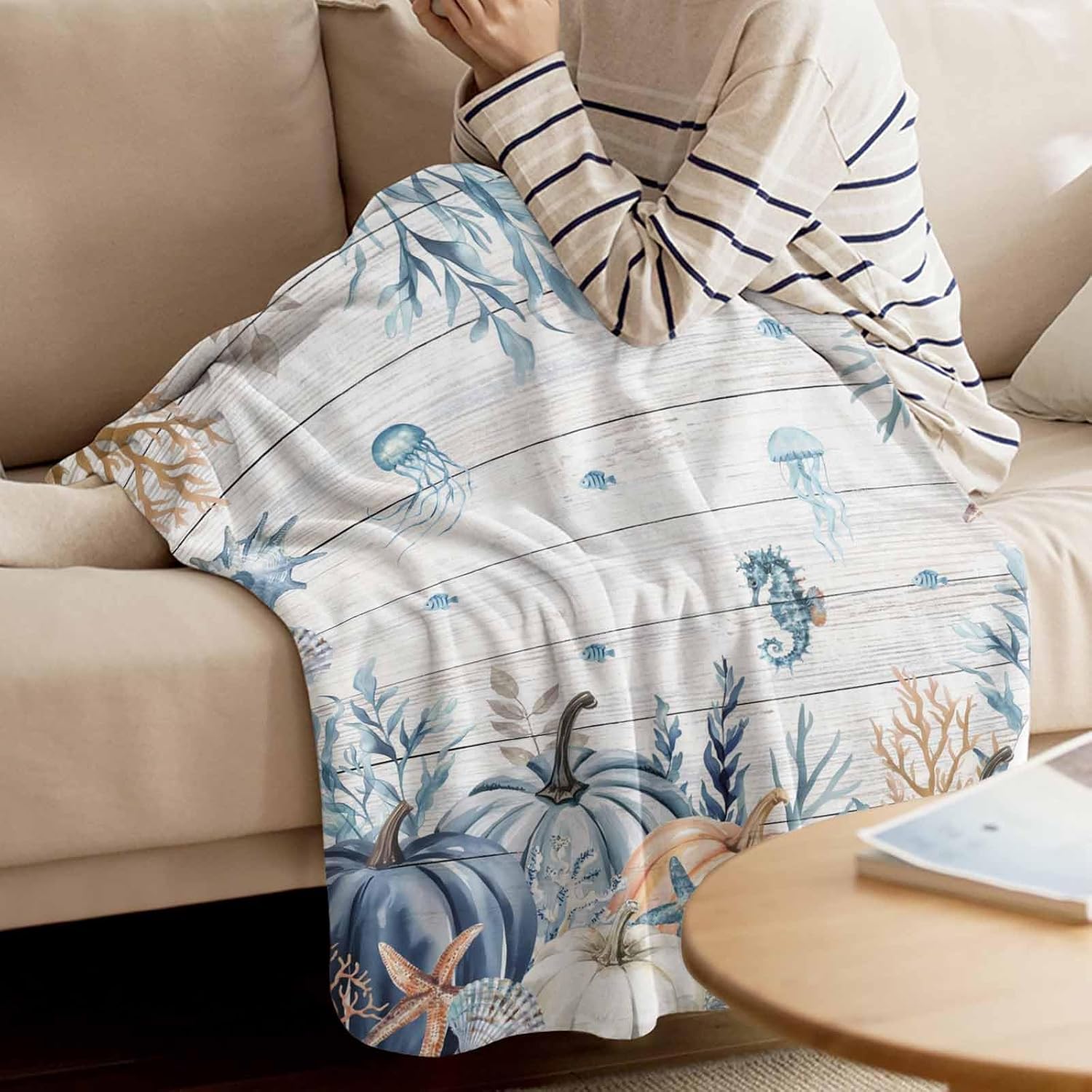 Orange Blue Coastal Fall Throw Blanket Flannel Microfiber Blanket, Thanksgiving Pumpkins Maple Leaf Fleece Blankets - 30 x 40 in, Soft Warm Cozy Lightweight Throw Blanket for Couch Sofa Bed
