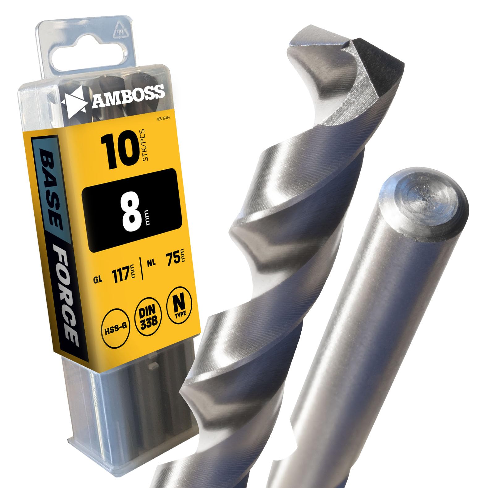 10x Twist Drill Bit Base Force Diameter 8.0 mm - HSS-G DIN 338 for Steel, Mild Steel, Aluminium, Non-ferrous Metals Amboss Werkze Drill Sheet Metal Profiles - Hexagonal for Drill, Cordless Drill