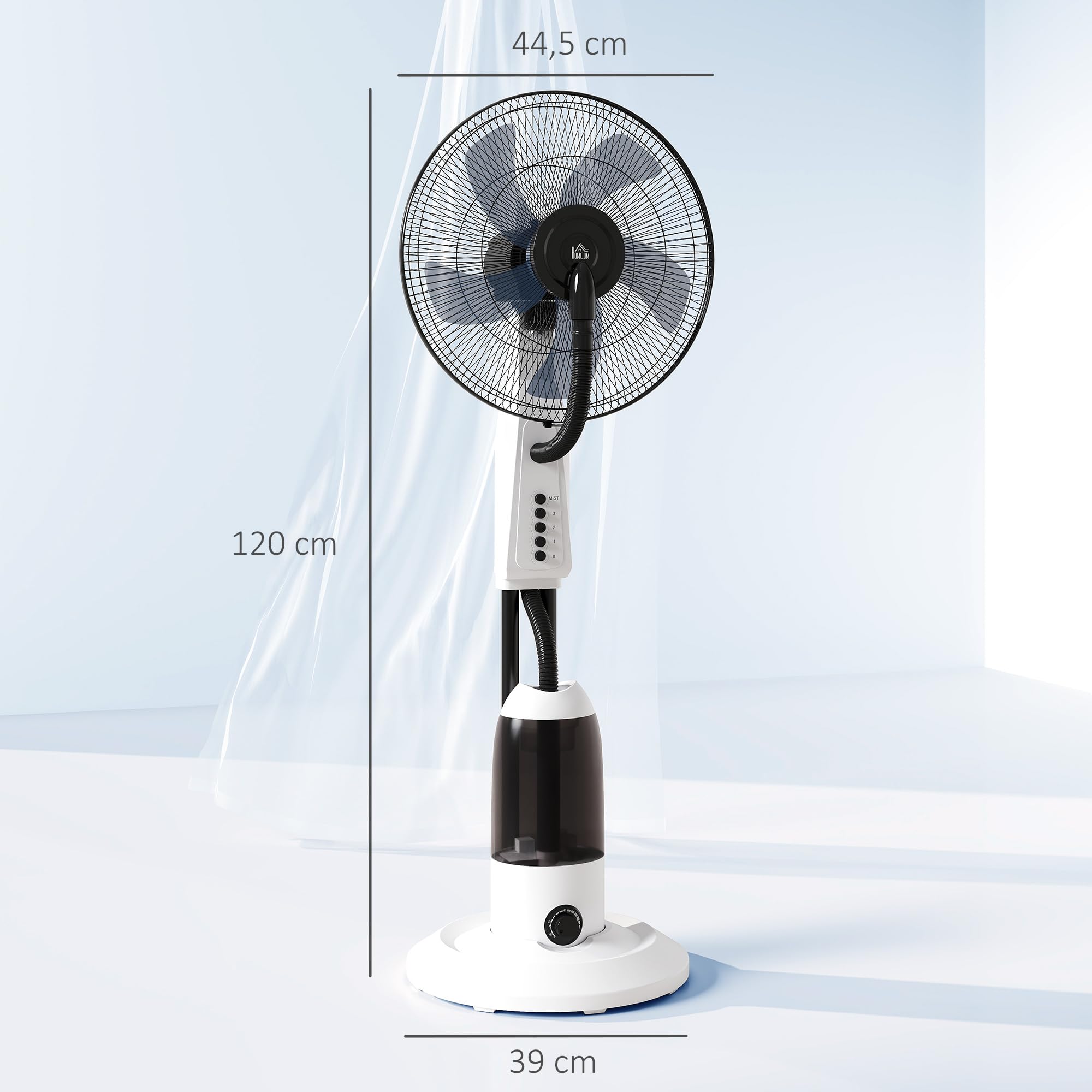 HOMCOM Ventilador Silencioso con Nebulización 90W, Ventilador de Pie de 120cm con 3 Velocidades, Oscilación de 70°, Cabezal Ajustable, Depósito de Agua de 2,8L, Blanco