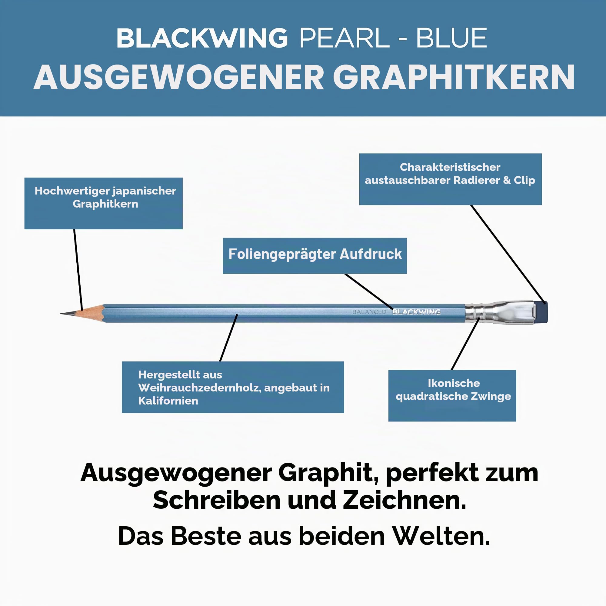 Blackwing Perlenstifte, ausgewogenes japanisches Graphit, blaues Finish, 12 Stück