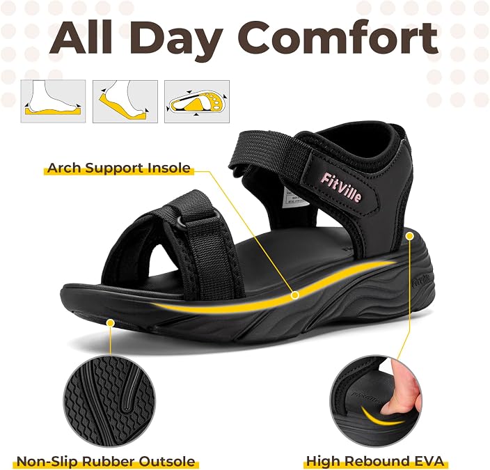 FitVille Wide Sandals for Women Orthopedic Walking Sandals with Adjustable Closures, Arch Support & Cushioning for Flat Feet Plantar Fasciitis, Stylish for All-Day Wear