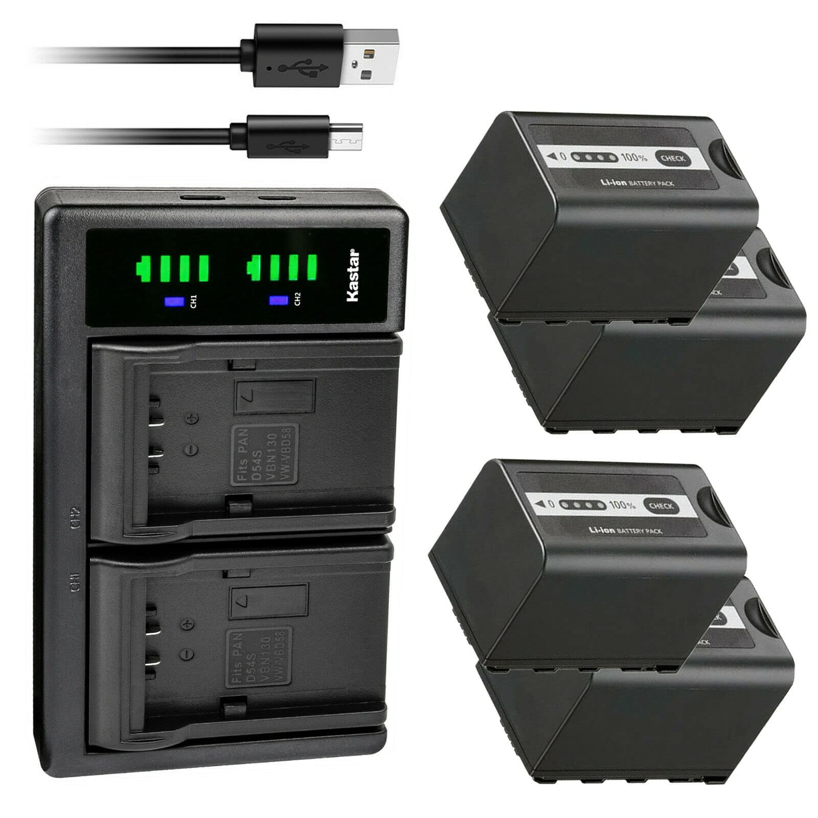 Kastar 4-Pack Battery and LTD2 USB Charger Replacement for Panasonic AG-VBR59, AG-VBR89G, AG-VBR118G, AG-BRD50 AG-BRD50P, AG-B23 AG-B23P, Panasonic