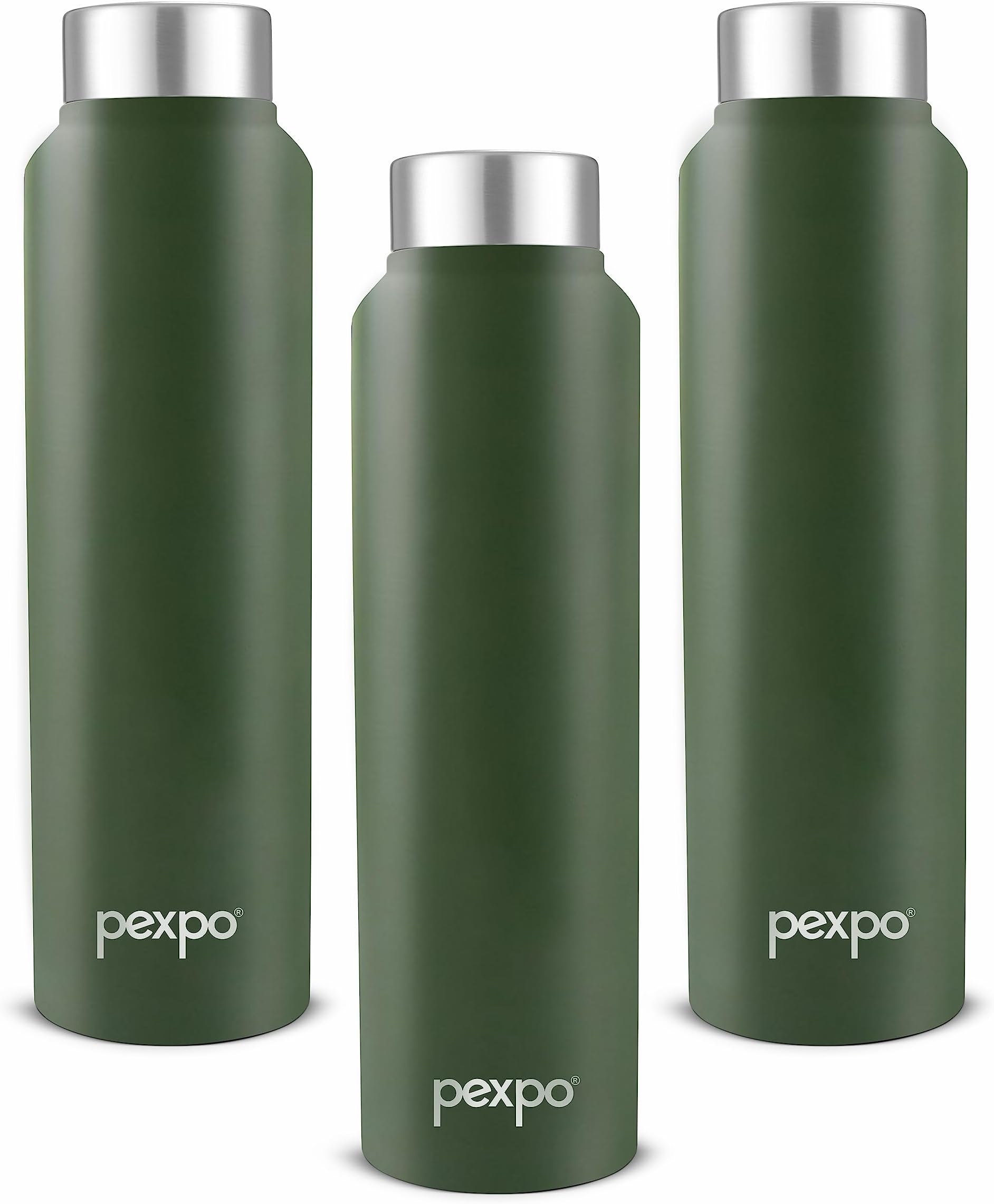 PEXPO Chromo 1000 ISI Certified Stainless Steel Sports/Fridge Water Bottle, 950ml, Military Green,Pack of 3 | BPA Free | Water Bottle for Office, Gym, School, Yoga, Trekking, Men, Women and Kids