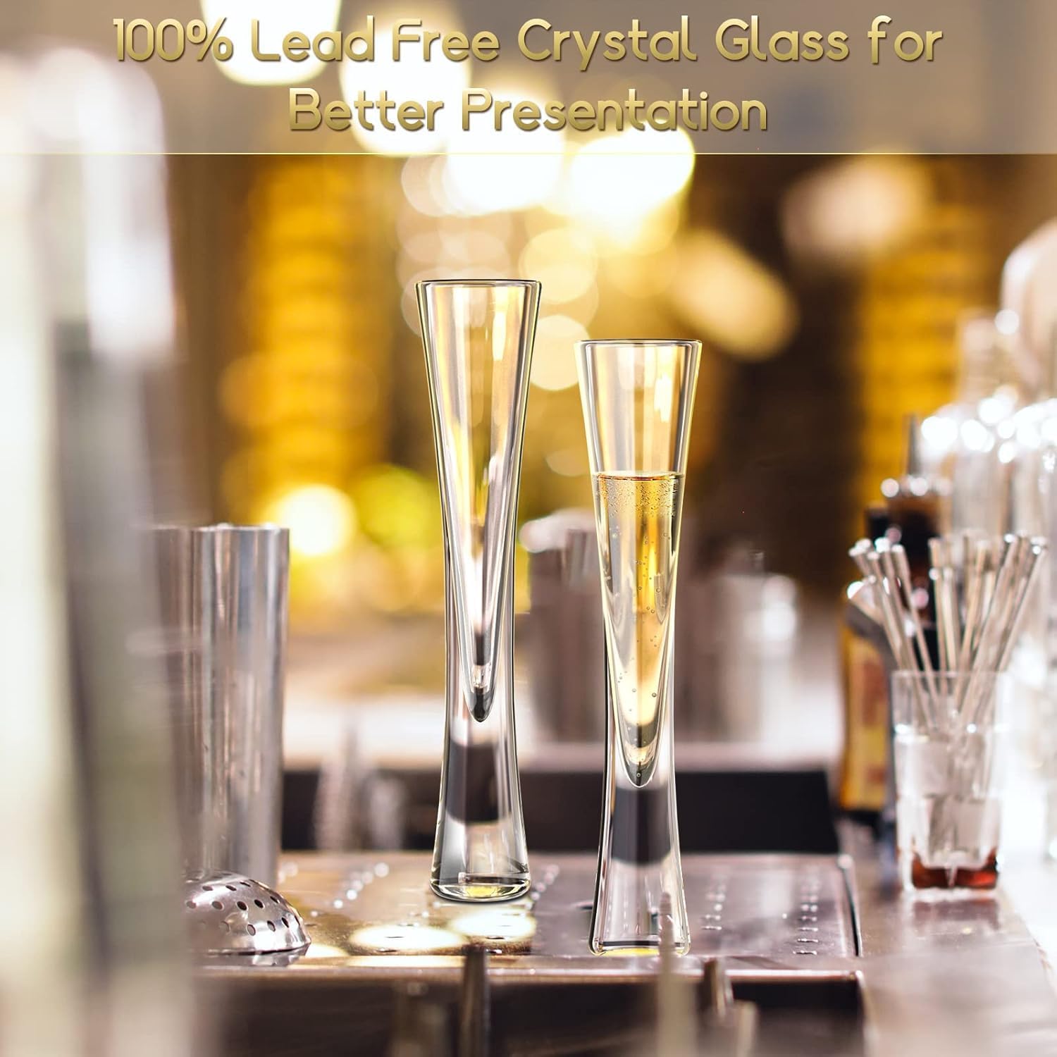 Set of 6 Hand Blown Crystal Champagne Flutes, 5 Oz Clear Crystal Glasses, Elegant Design for Special Celebrations (6 Count)
