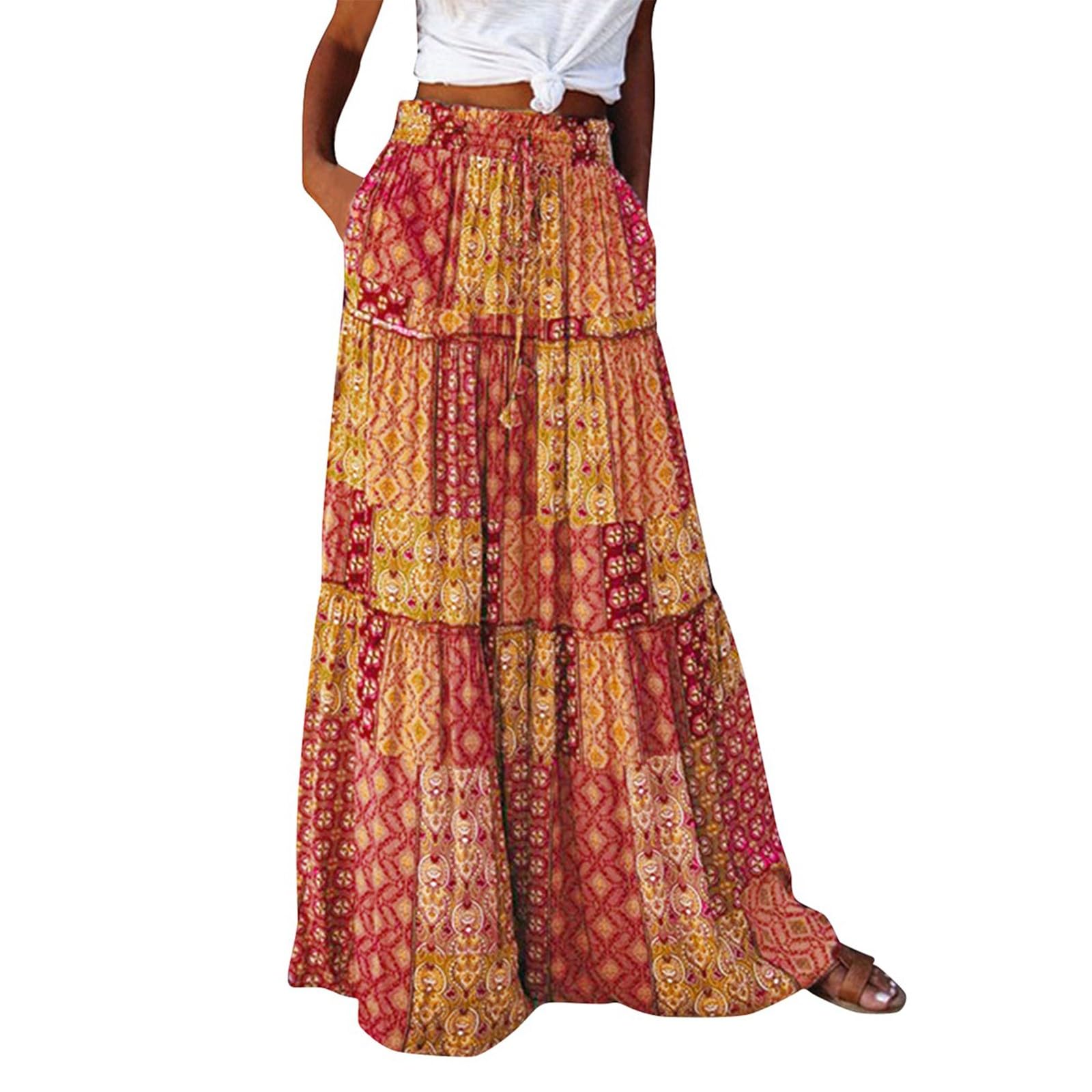 Boho Maxi Skirts for Women 2025 Drawstring High Waisted Tiered Long Flowy Skirt Casual Beach Bohemian A-Line Skirt