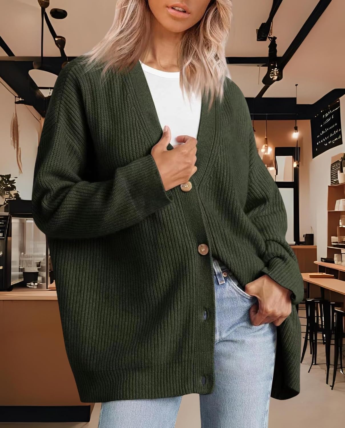 Women's Cardigan Casual Sweater Oversized Long Sleeve V-Neck Button Cardigan Top for Vacation and Daily Life - Image 2