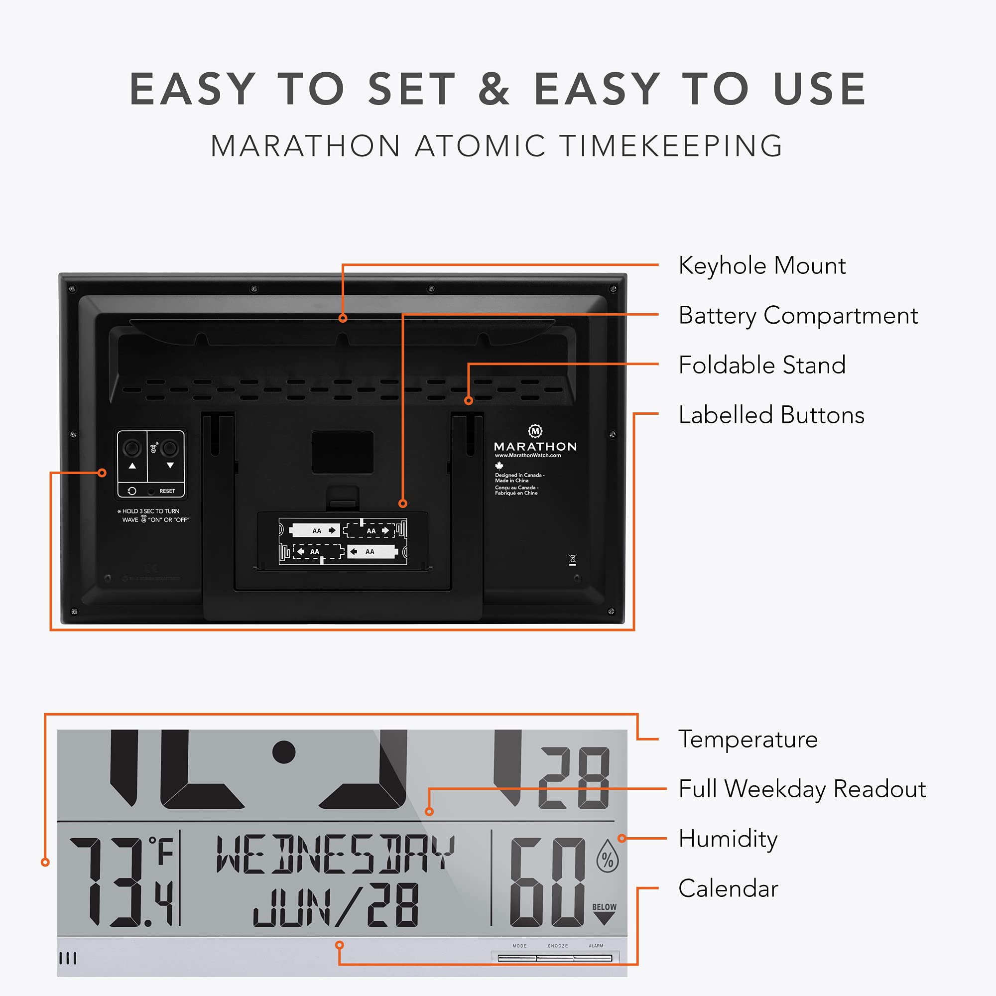 MARATHON Slim Jumbo Atomic Wall Clock Full Calendar Display with Indoor Temperature & Humidity