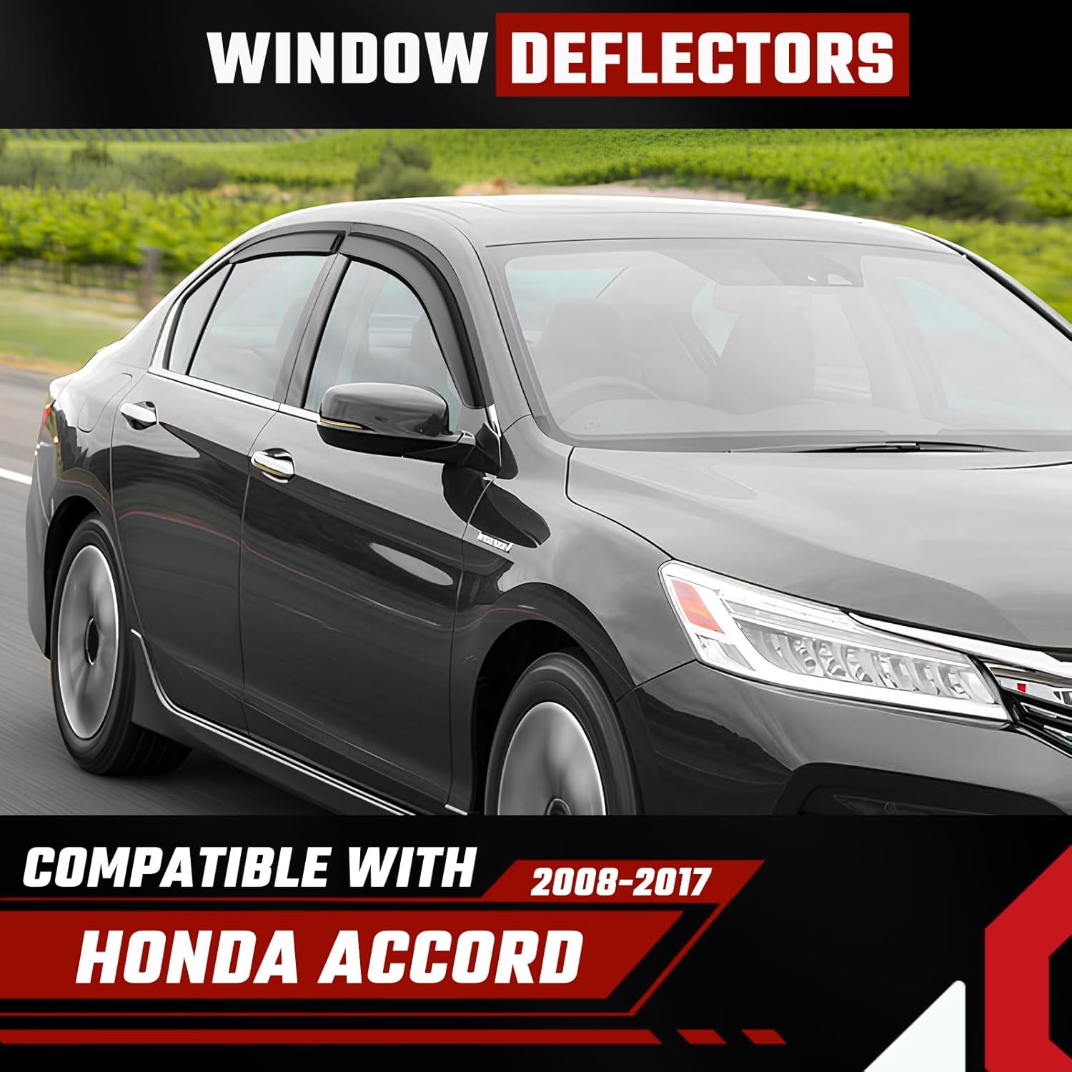 Tape-On Rain Guards Compatible with Honda Accord 2008-2017 Black Extra Durable Shatterproof Side Window Deflectors, Vent Window Visors, Wind Deflectors - 4 PCS Fit for Honda Accord 2008-2017 Tape On