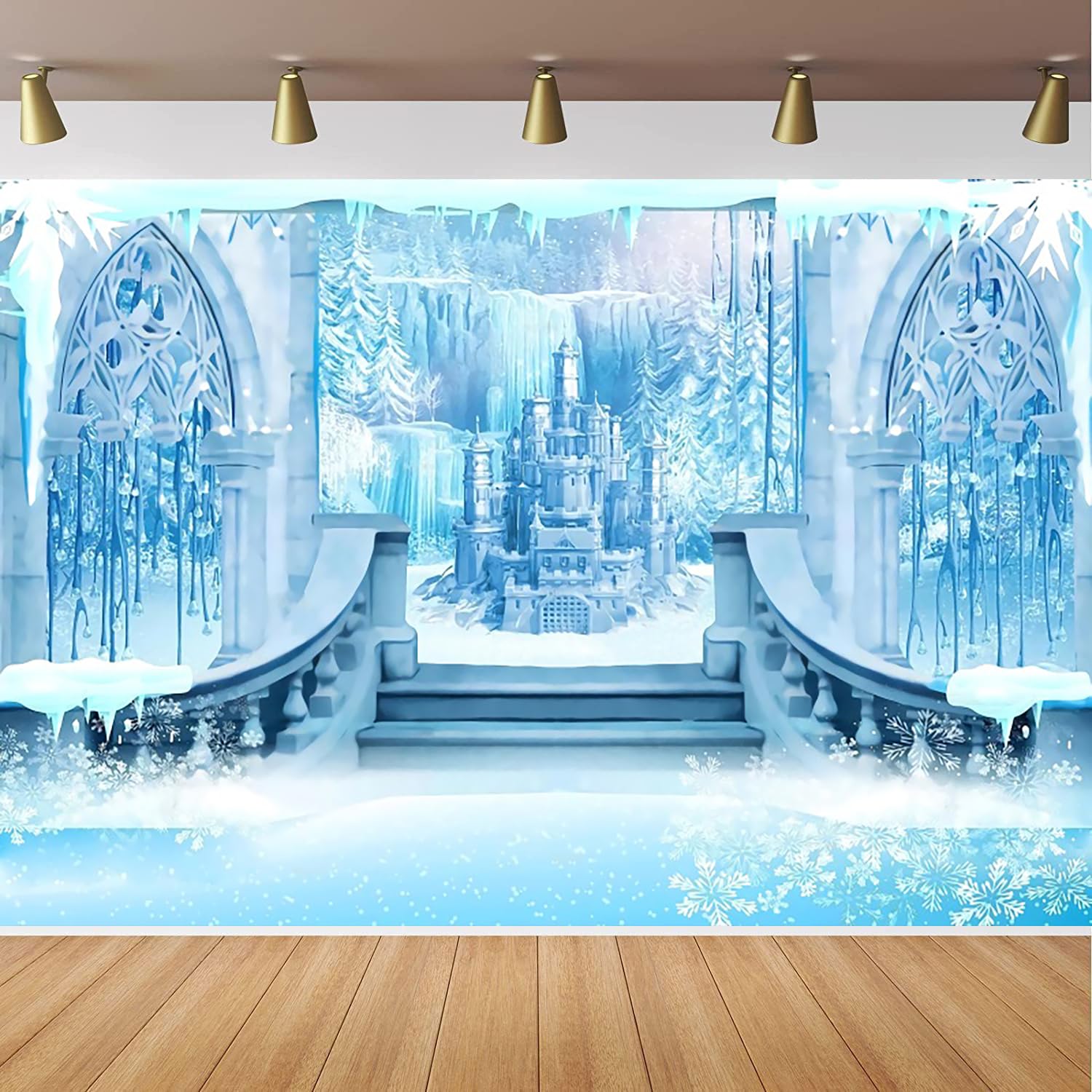 20x10ft Winter Wonderland Backdrop Blue Ice Snow Castle Snowflakes Photography Background Winter Girls Princess Birthday Party Decorations Portraits