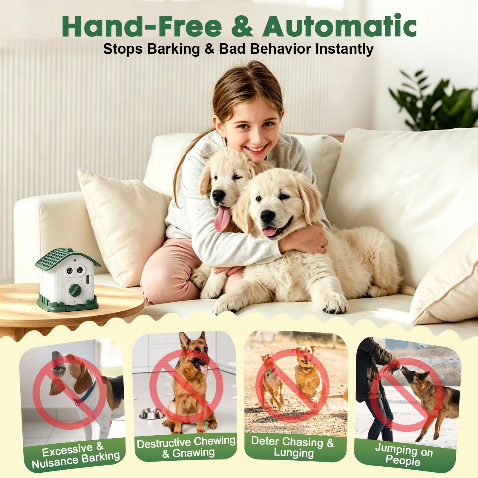 Dispositif anti-aboiement pour chiens, dispositif de dissuasion à ultrasons double cœur, 4 modes de portée de 15 m, silencieux étanche rechargeable pour intérieur et extérieur, outil
