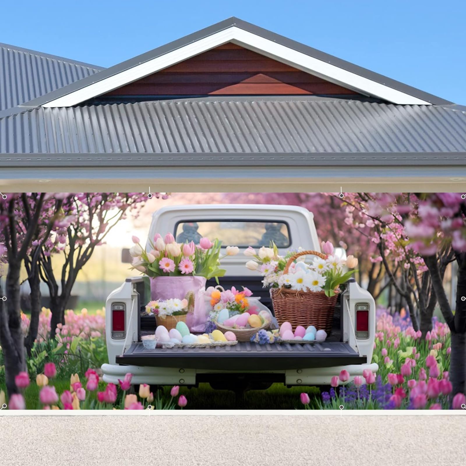 Easter Garage Door Banner 7x16ft Easter Backdrop Spring Garden Truck Colorful Eggs Photography Background Large Easter Garage Door Cover Outdoor