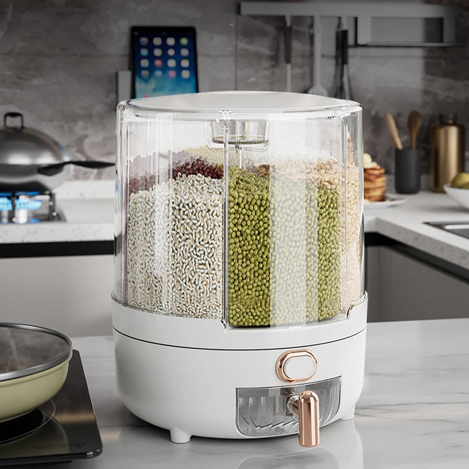 Contenedor de arroz | Dispensador de granos giratorio de 360° | Contenedor de almacenamiento de arroz con 6 compartimentos | Tapa extraíble | Dispensador de almacenamiento de lentejas