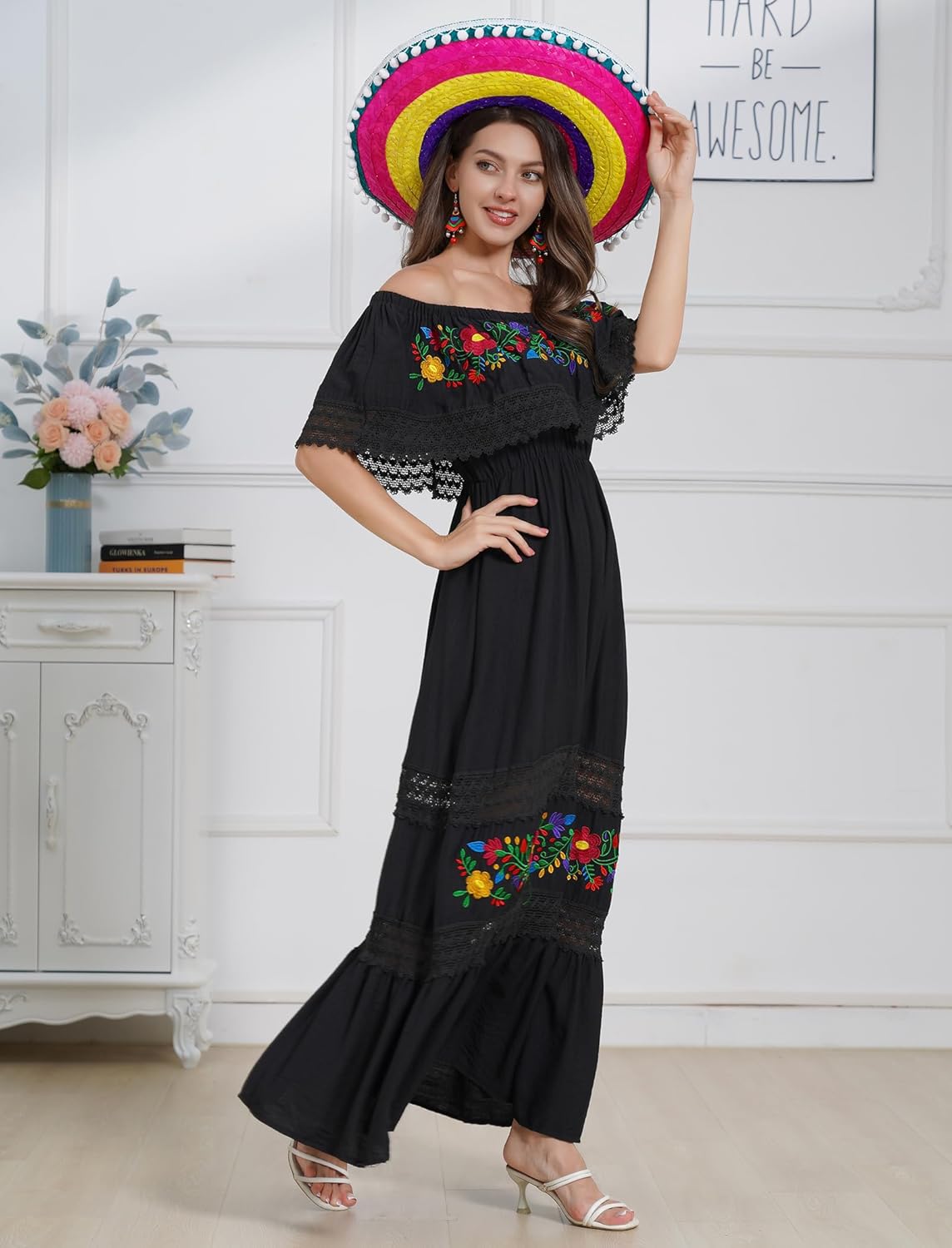 Mexican Dress for Women Floral Embroidered Off Shoulder Long Maxi Dress Summer Casual - Image 6
