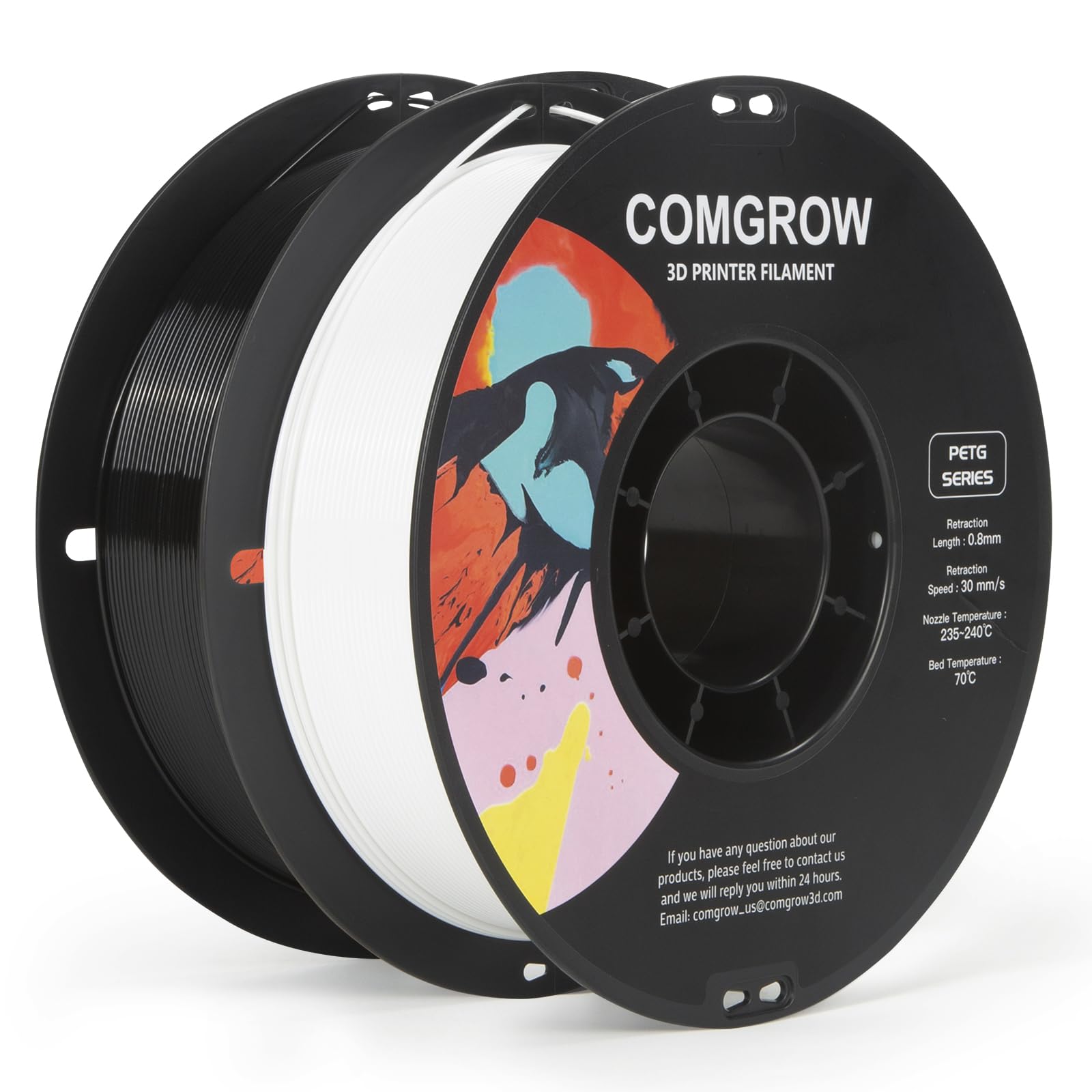 ComgrowPETG 3D Printer Filament 1.75mm, High Precision and Tough 3D Printer Filament 2kg (4.4LBS), Dimensional Accuracy +/- 0.02 mm, Fit Most 3D Printers White+Black