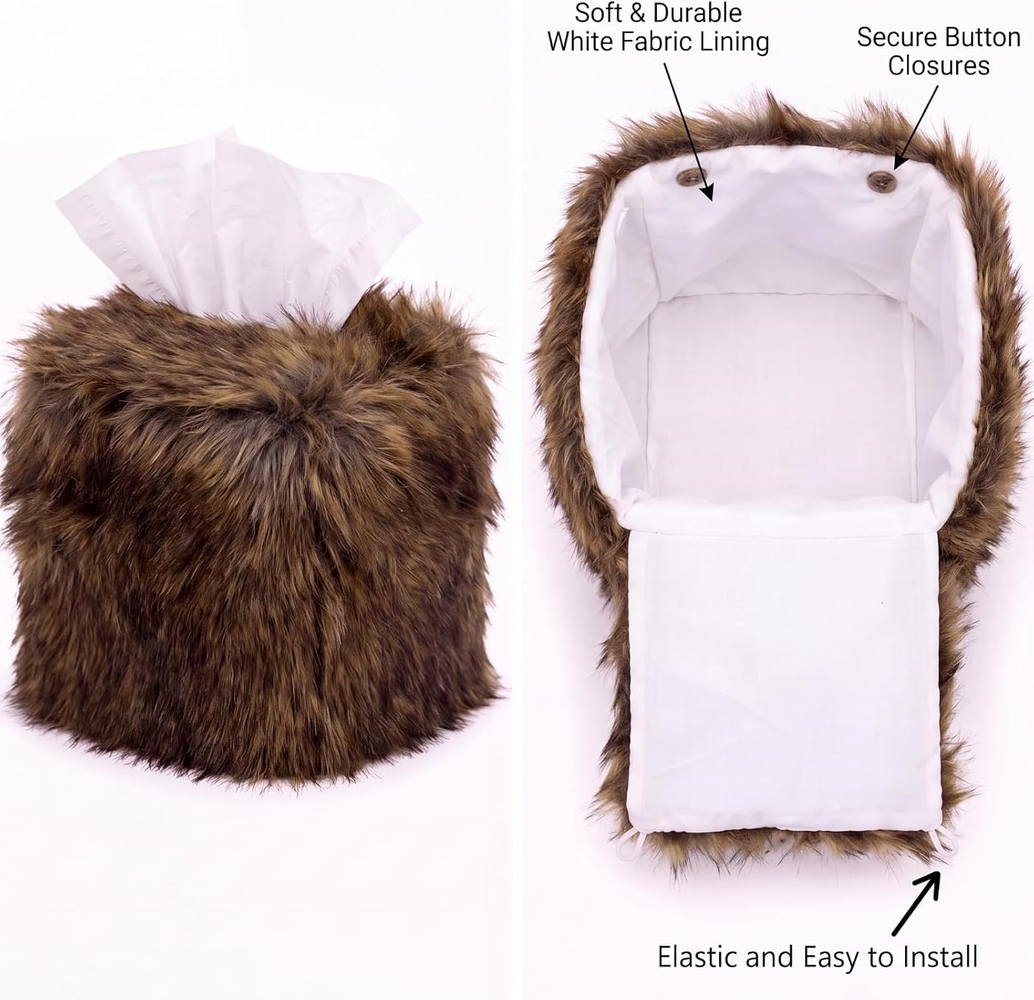 Newtay Faux Fur Tissue Box Cover Brown Luxury Decorative Square