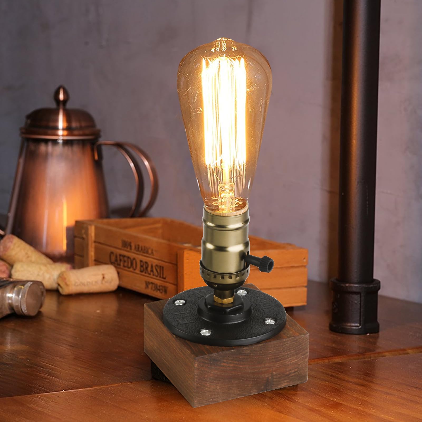 WUYOR Vintage Industrial Table Lamp Base Wooden Retro Edison Bedside Desk  Lamp with UK Plug E27 Dimmable Steampunk Small Table Lamp for Living Room