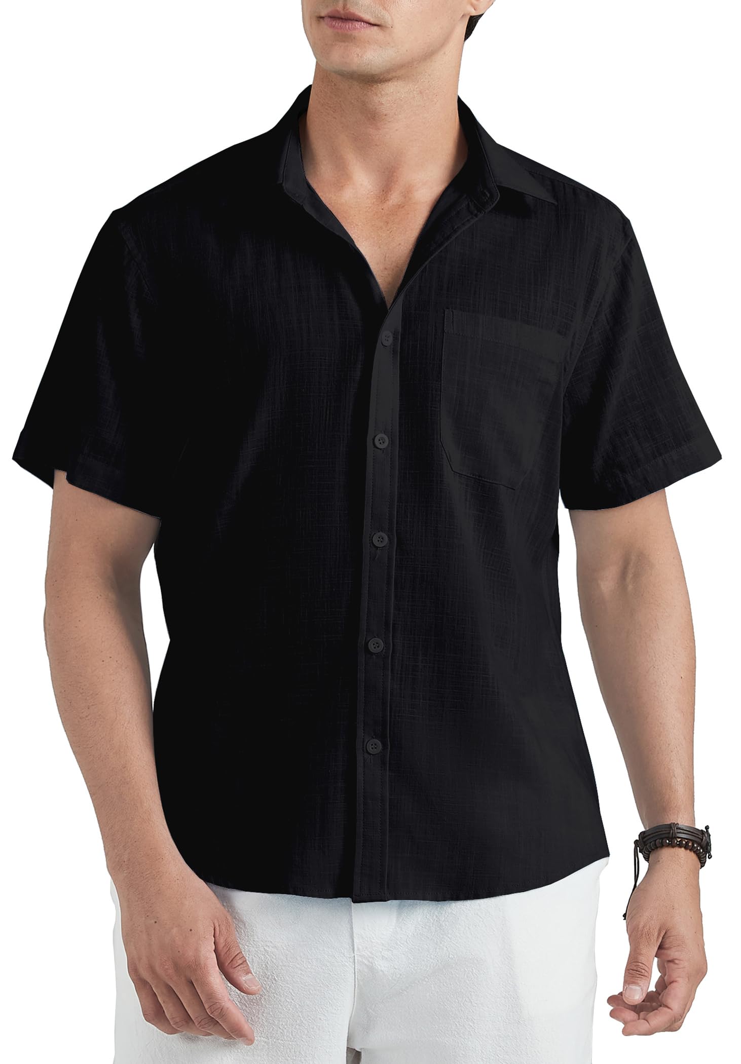 HISDERN Camisa Lino Hombre Manga Corta Casual Verano Color Sólido Camisas Elegante Algodón Camisa con Bolsillo con Botónes Shirt Regular Fit
