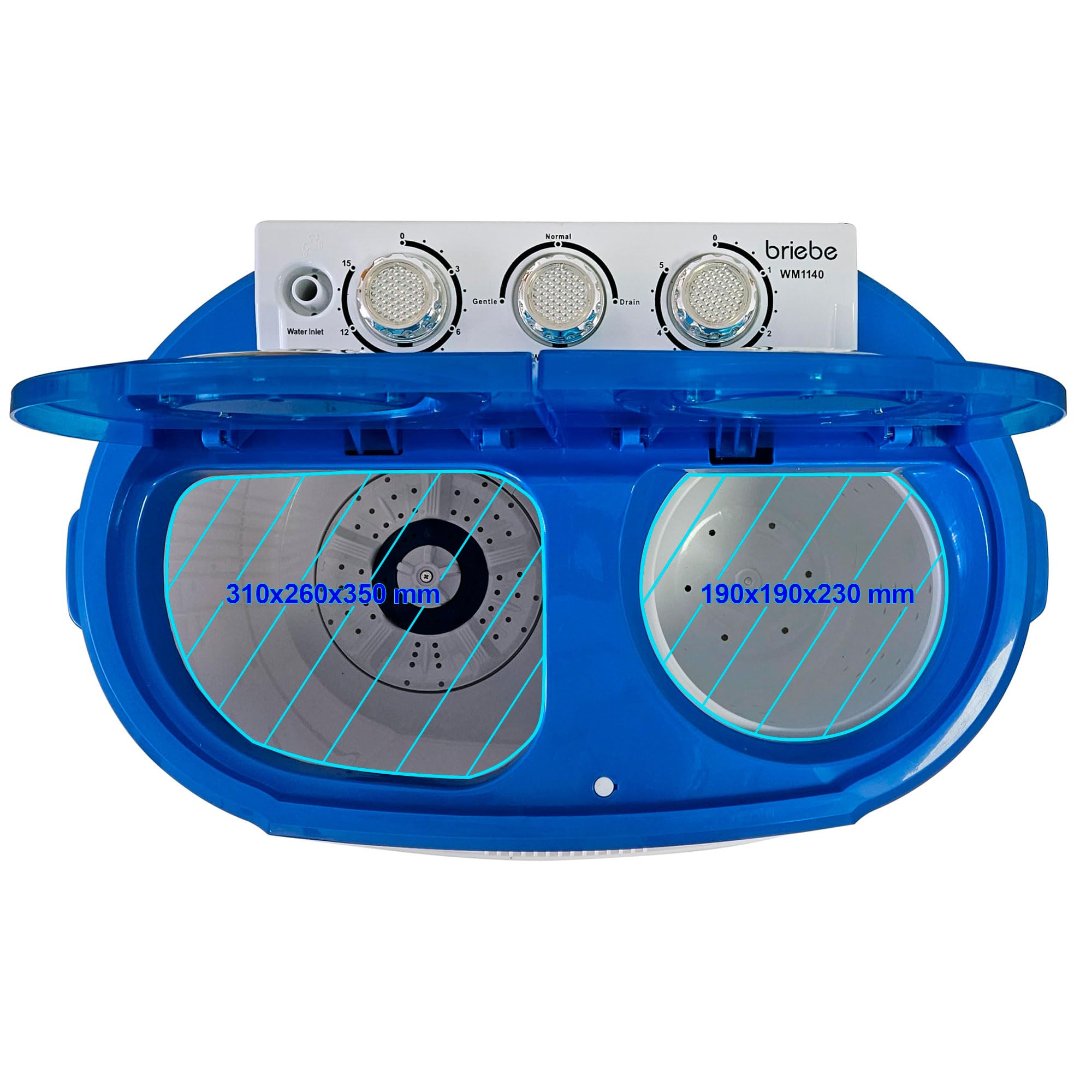 briebe Camp - Mini Lavatrice Portatile con Centrifuga, Campeggio, Capacità 3 kg, Ideale per Viaggi, Roulotte, Camper, 2 Scomparti, Caricamento dall'alto, Nessuna installazione, Blu/Bianco